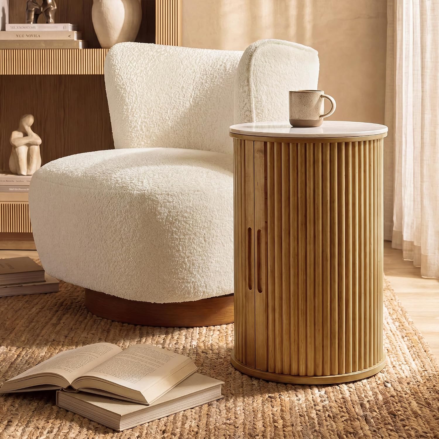 Round Fluted End Table with Storage, Natural Wood Side Table with White Sintered Stone Top, Sliding Tambour Door Nightstand, 17.4 Inch Small Accent Stand for Living Room Bedroom