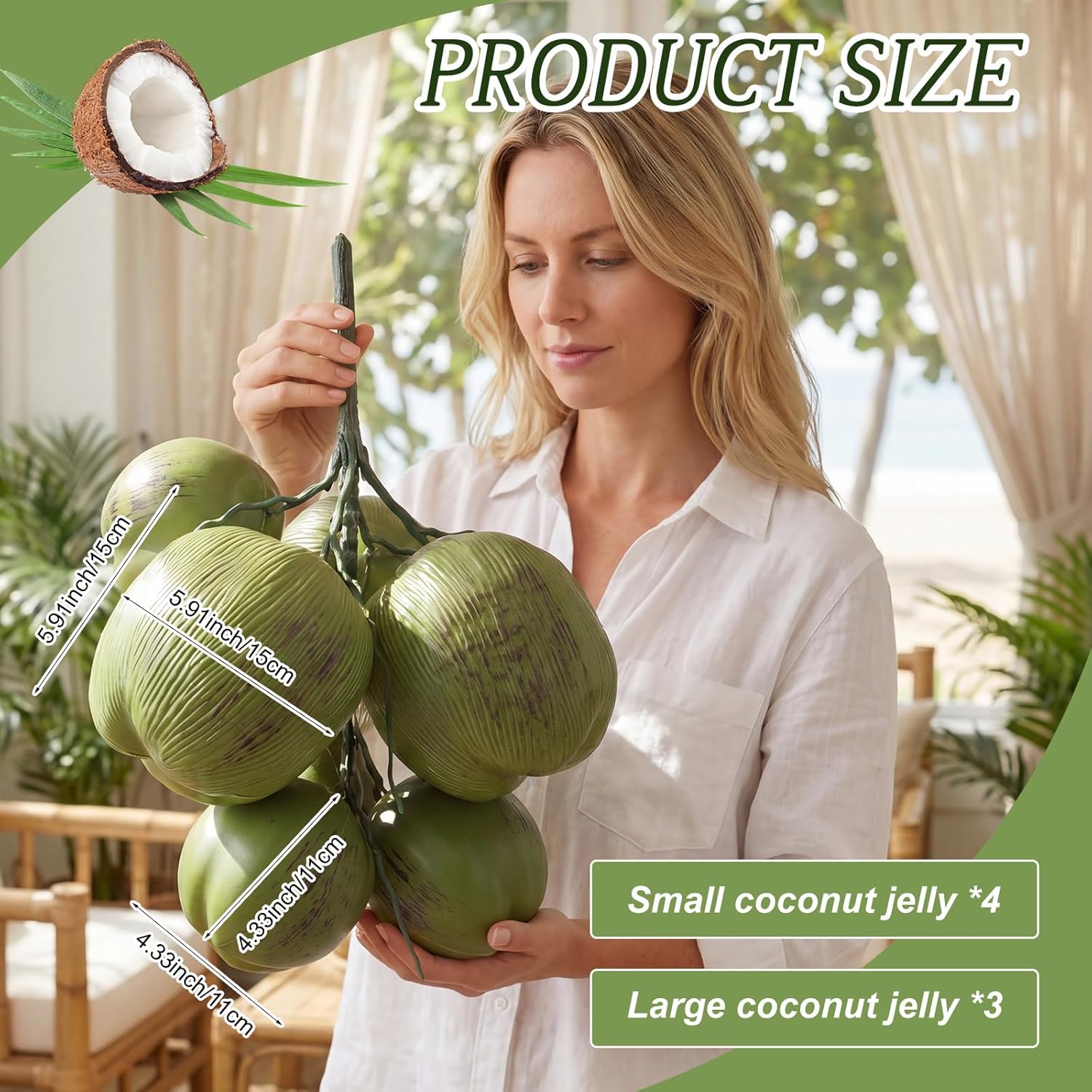 Novabright Fake Coconut, 1 Bunch Artificial Coconuts for Decoration, Lifelike Tropical Fake Green Coconuts Prop Artificial Fruit for Home Decoration Display Photo Prop (Seven Coconut)