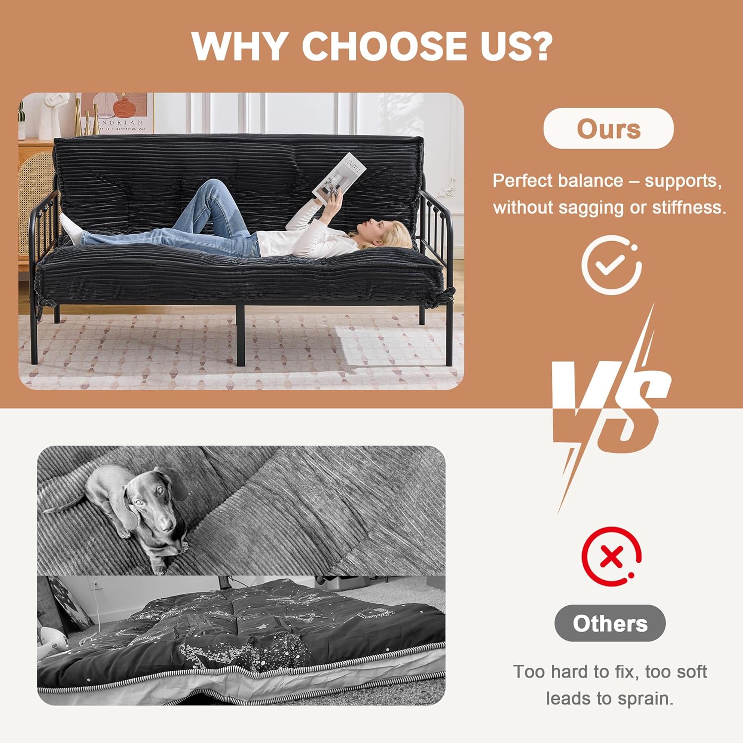 Futon Mattress Full Size 8",Foldable Futon Sofa Couch Bed,Floor Mattress Thick High Density Shredded Foam(Frame Not Included),Medium Firm Japanese Style Sleeping Pad for Guest Bedroom Living,Black