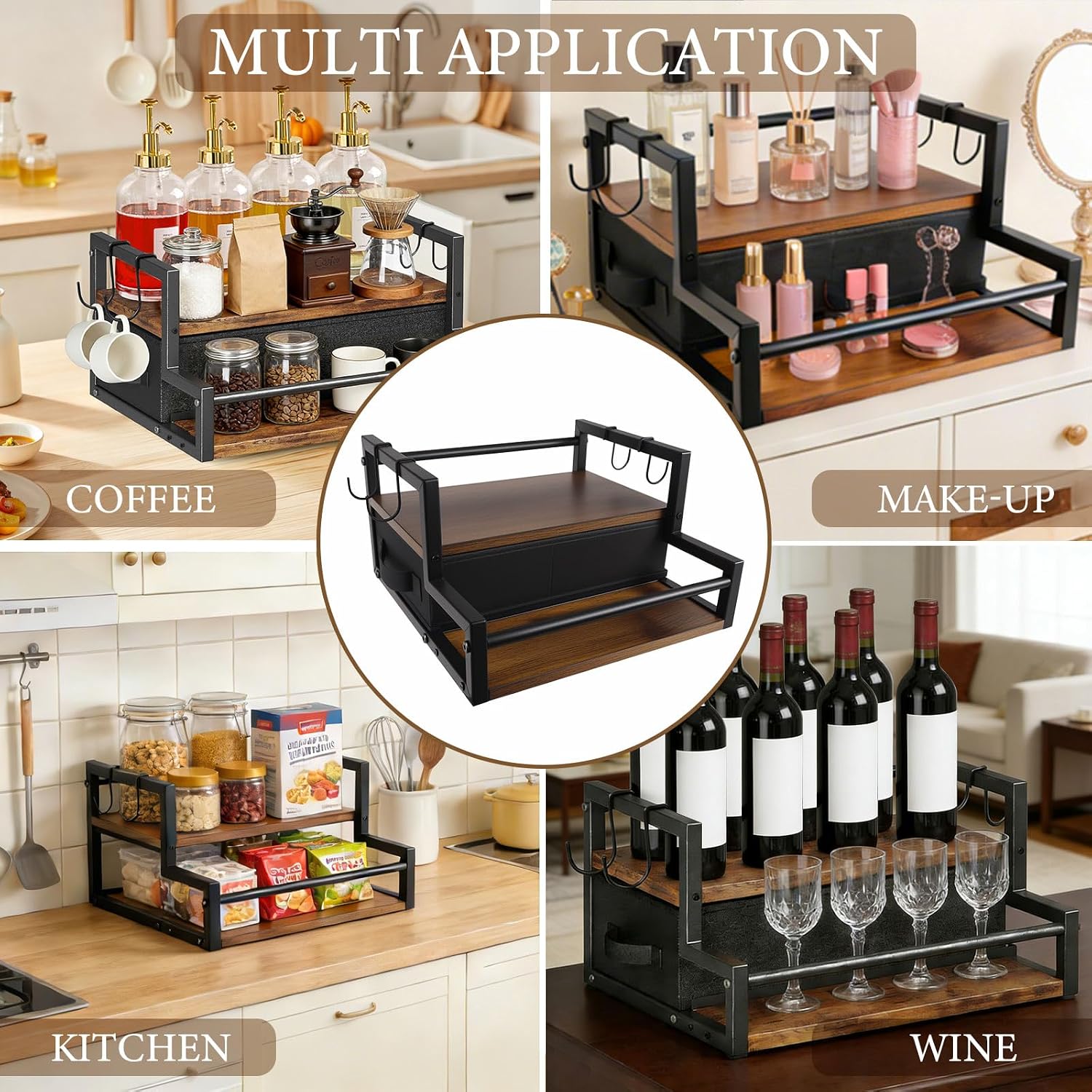 2-Tier Coffee Syrup Organizer Rack, Holds 12 Bottles Syrup Rack with Coffee Capsules Storage Drawer, Kitchen Countertop Organizer for Coffee Bar Station, Home, Wine Rack