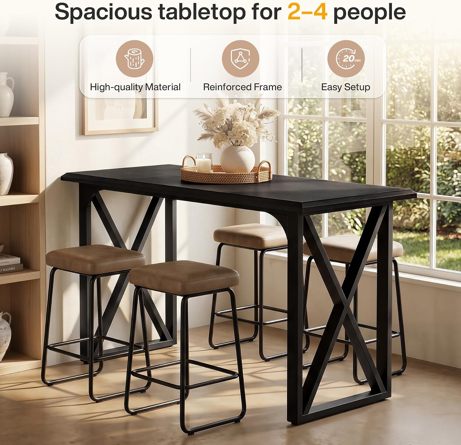 Tribesigns 55-Inch Bar Table, Industrial Counter Height Table with Sturdy Metal X-Frame Legs, Rectangular High Top Pub Table for Small Spaces, Dining Room, Kitchen, Home Bar (Black)