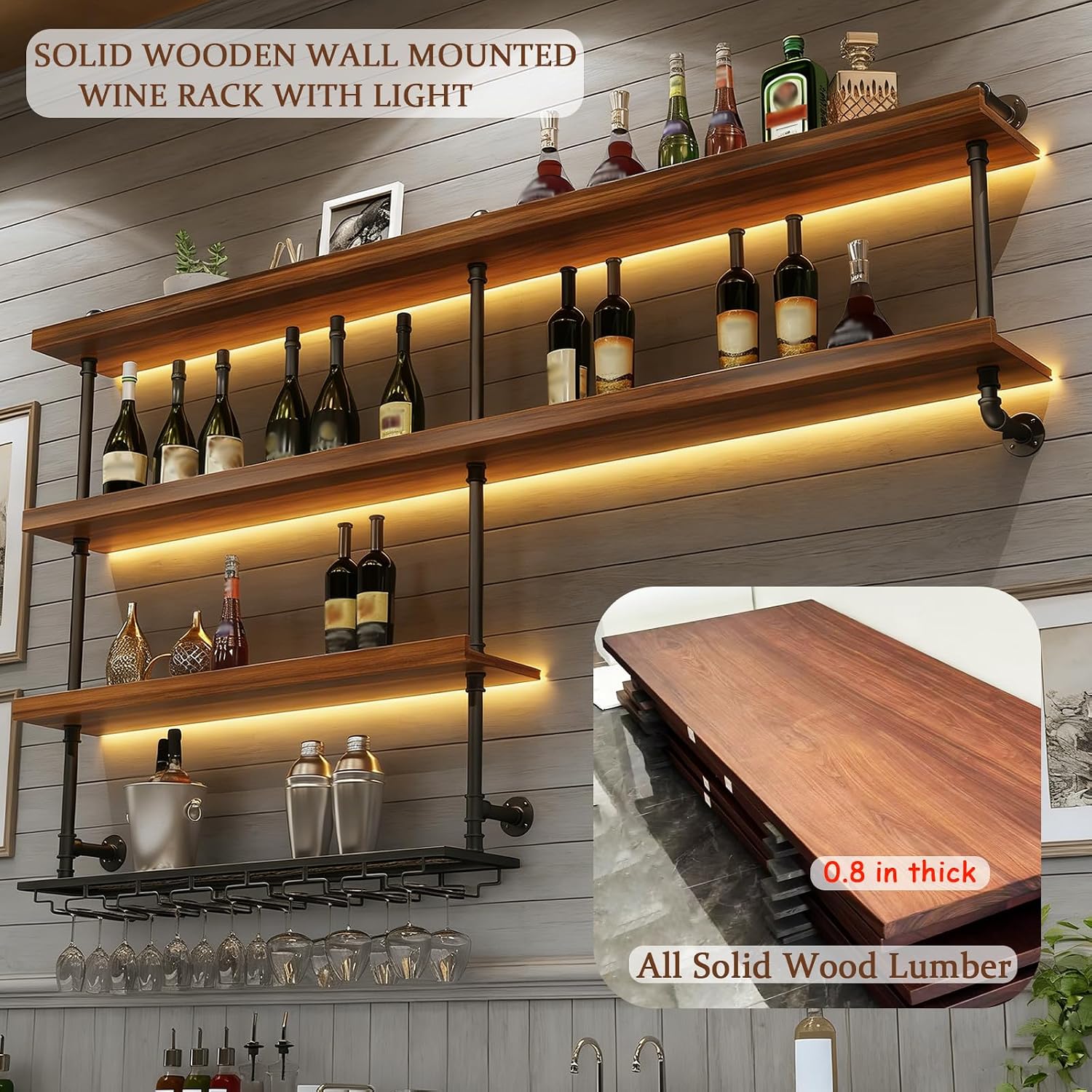 70.9in Large Wine Rack with LED Light, 4 Tiers Solid Wood Wall Mounted Wine Rack, Industrial Liquor Bottles Floating Shelves with Glass Holder for Home Bar/Dining Room (70.9in/180cm)