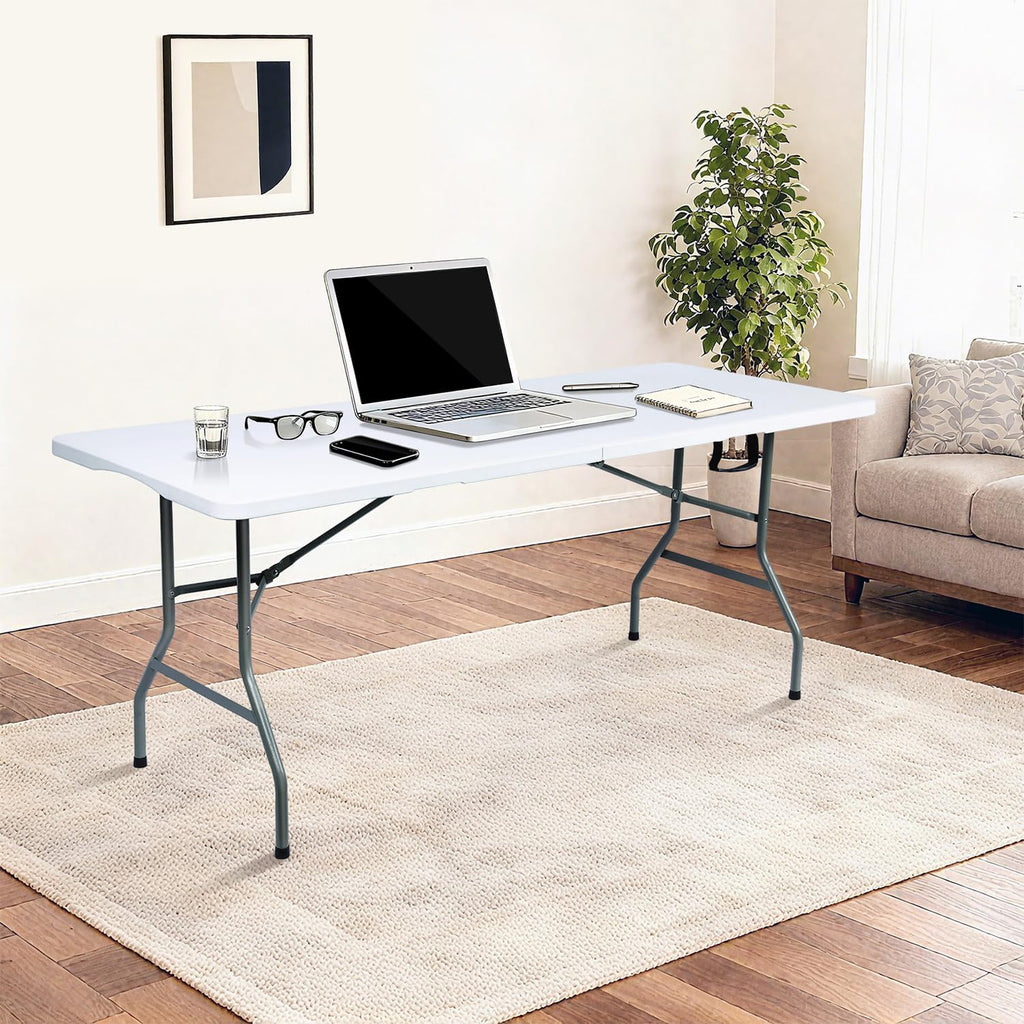 Folding Table 6ft Foldable Table with Built in Handle & Steel Legs / 6FT Heavy Duty Folding Portable,Perfect for Party, Dining Indoor/Outdoor Events, Tailgating & Backyard BBQ, White