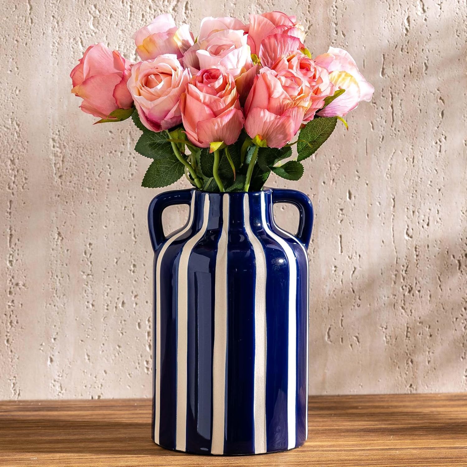 SURE YUESI Blue Ceramic Vase with Handles, Modern Farmhouse Striped Decorative Vase, 9.1" Art Deco Tall Flower Vases for Pampas Grass, Shelf Decor, Dining Table Centerpiece, Living Room Home Decor