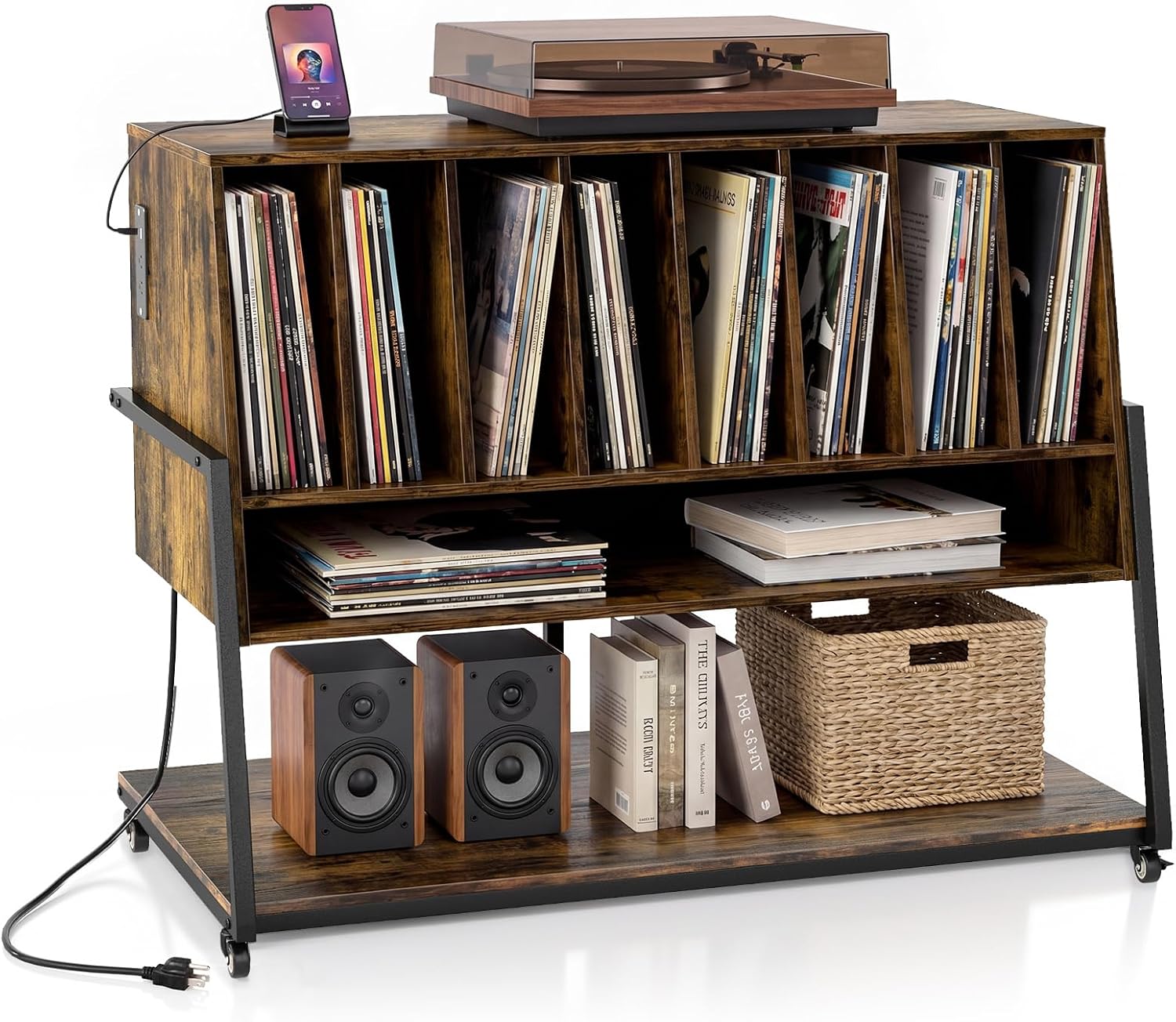 Giantex Large Record Player Stand with Charging Station, Turntable Stand with Storage Shelves & Wheels, Record Storage Table with Adjustable Foot Pads for Living Room, Music Room (Rustic Brown)