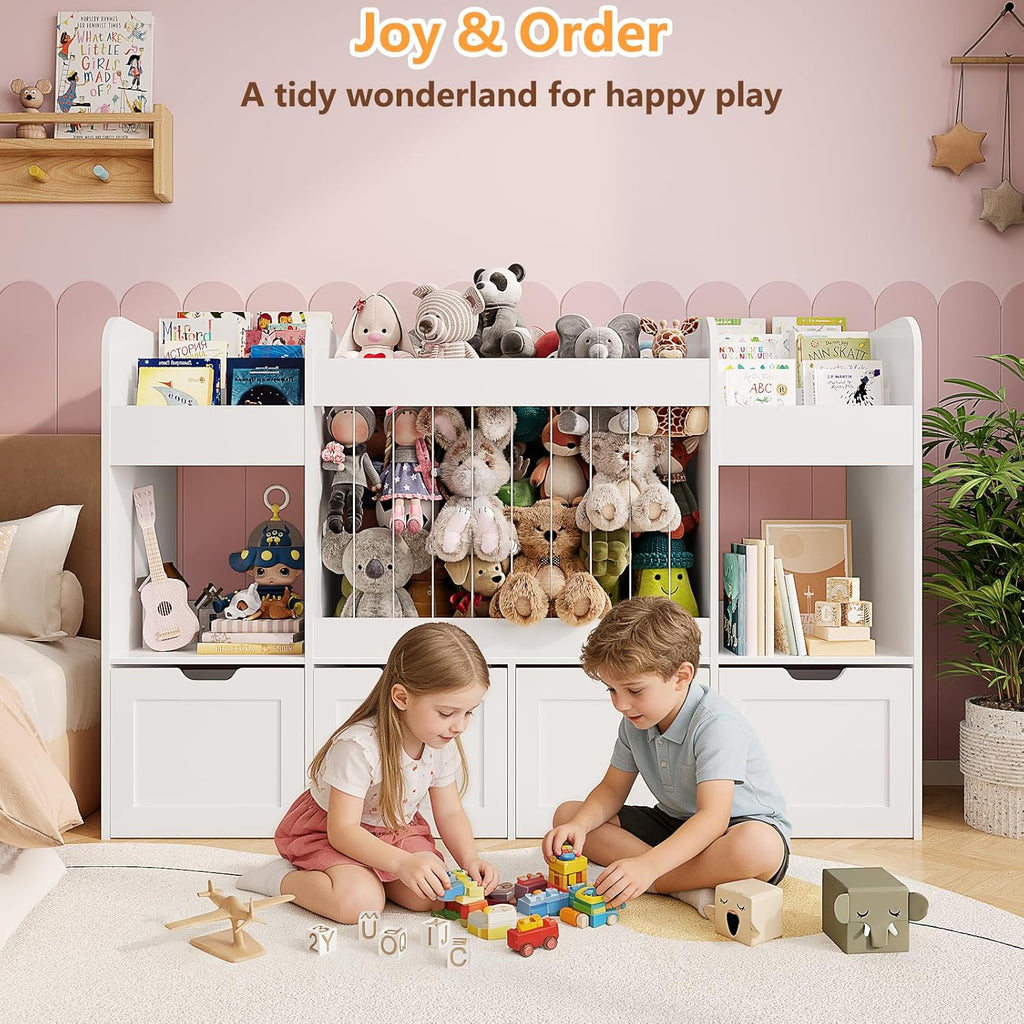 63"W Toy Storage Organizer, 132L Stuffed Animal Holder with 4 Rolling Drawers, 3-Tier Kids Bookshelf and 2 Storage Cubes, 4-in-1 Plush Toy Shelf for Playroom, Toddler Bookcase for Nursery, White