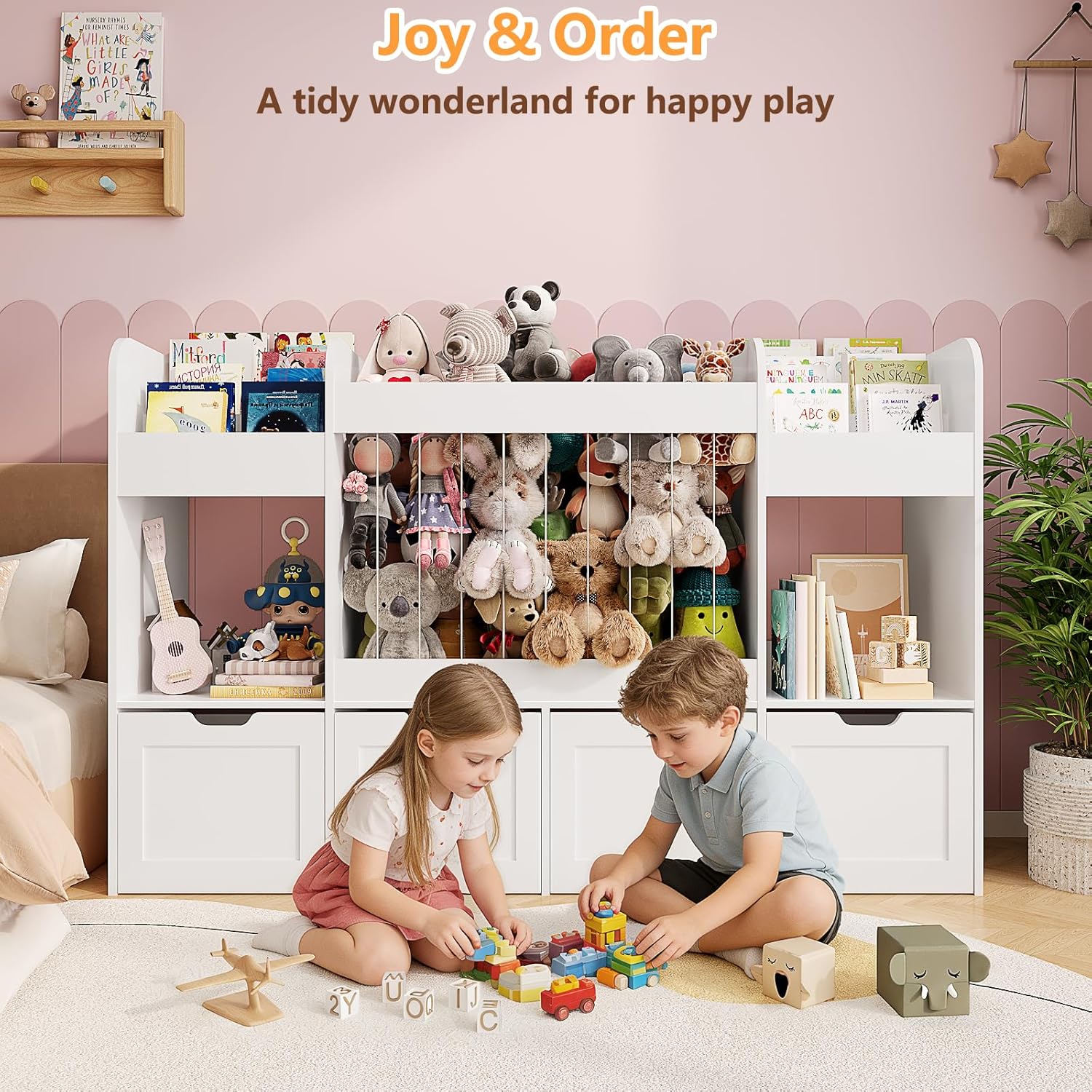 63"W Toy Storage Organizer, 132L Stuffed Animal Holder with 4 Rolling Drawers, 3-Tier Kids Bookshelf and 2 Storage Cubes, 4-in-1 Plush Toy Shelf for Playroom, Toddler Bookcase for Nursery, White
