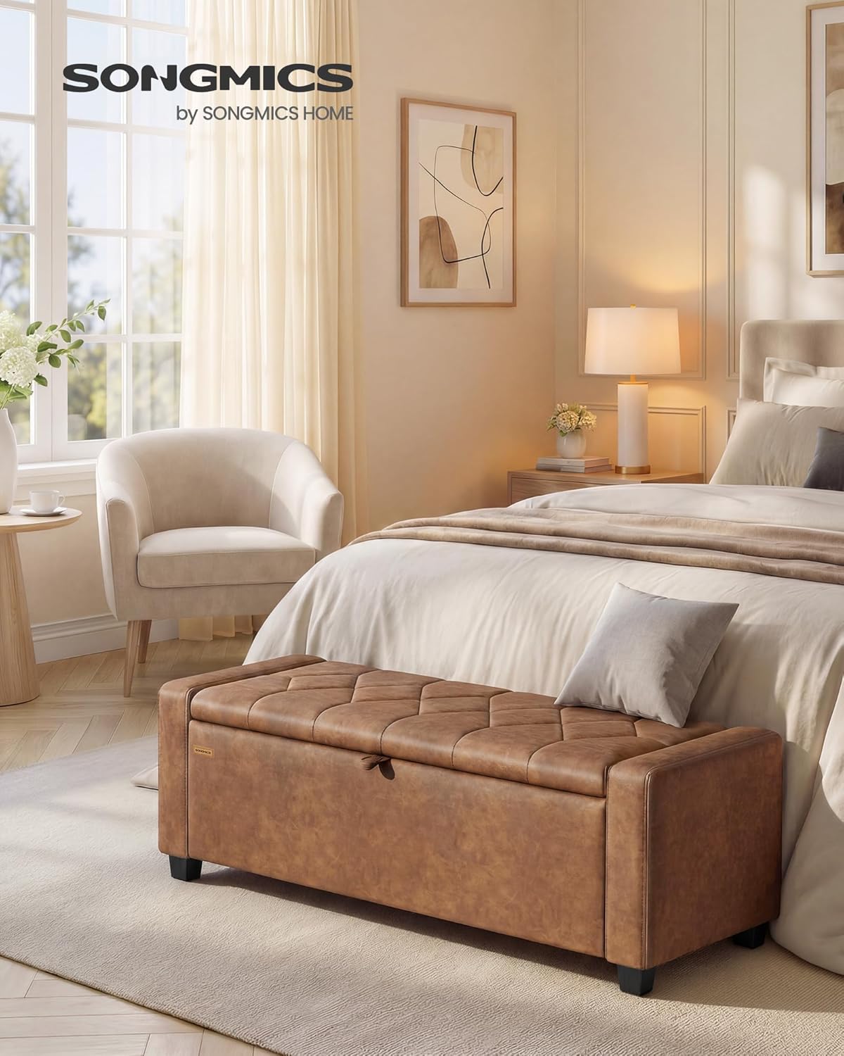 SONGMICS Storage Ottoman, Storage Chest Bench with Legs, End of Bed Bench with Safety Hinges, Pull Tab, for Living Room, Bedroom, 19.7 x 47.6 x 16.5 Inches, Synthetic Leather, Coffee Brown ULOM521KQ01