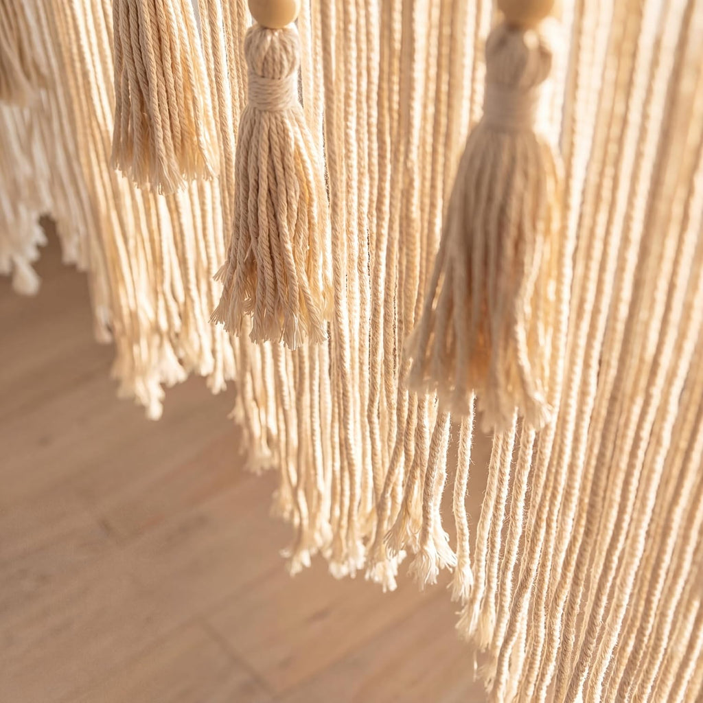 Large Macrame Wall Hanging (43" x 39.5"), Boho Woven Tapestry with Wood Beads & Tassels, Handmade Cotton Wall Art Decor for Bedroom, Living Room, Apartment, Bohemian Home Decor, 1 PCS (White)