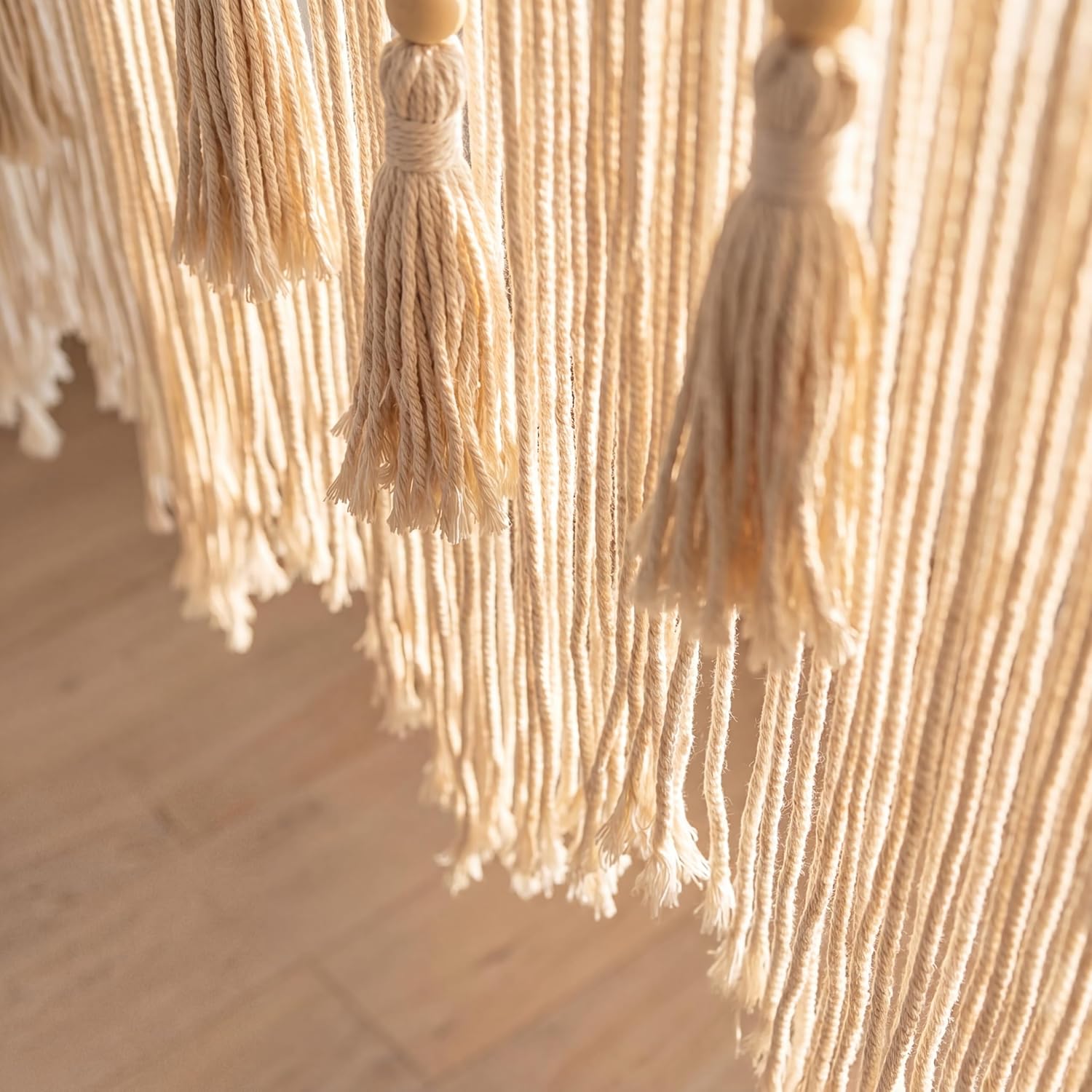 Large Macrame Wall Hanging (43" x 39.5"), Boho Woven Tapestry with Wood Beads & Tassels, Handmade Cotton Wall Art Decor for Bedroom, Living Room, Apartment, Bohemian Home Decor, 1 PCS (White)