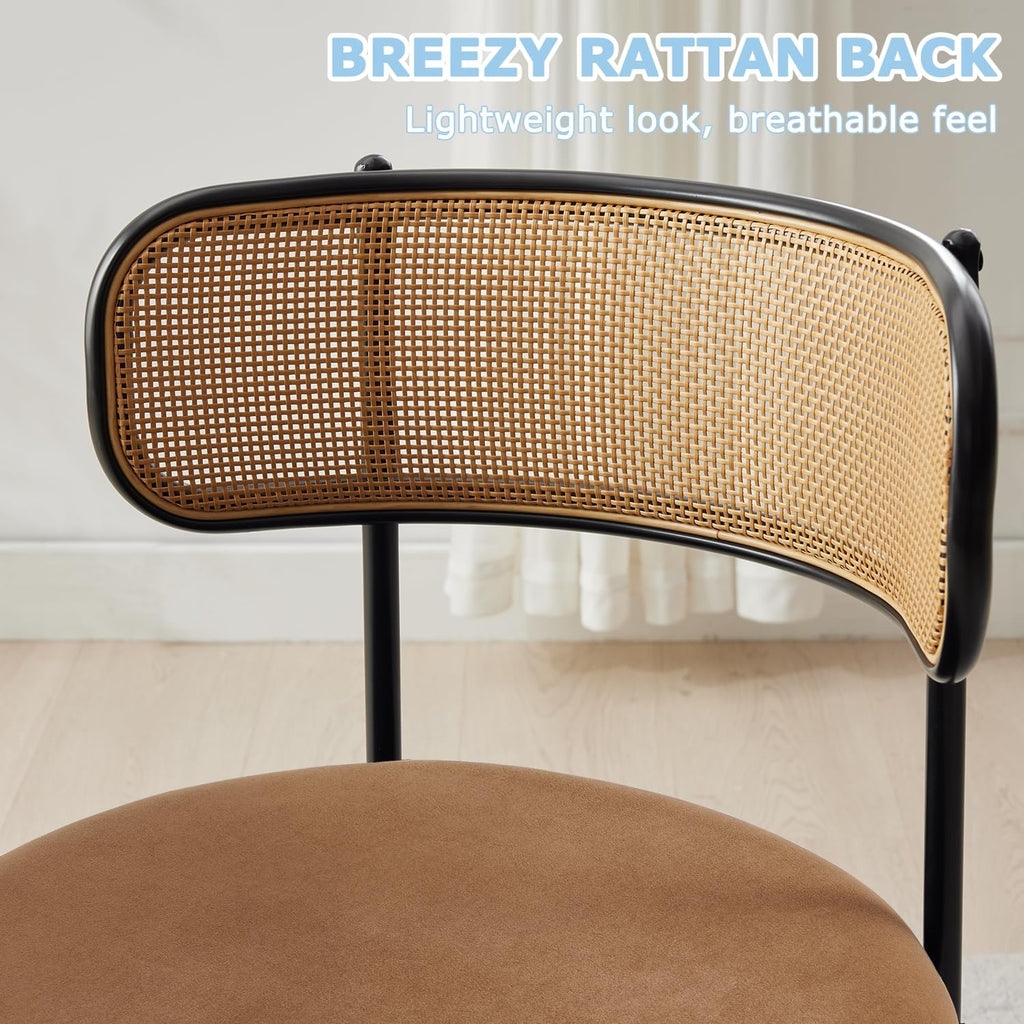 Rattan Dining Chairs Set of 2, Mid Century Modern Dining Chairs with Cane Back and Boucle Upholstered Seat, Farmhouse Kitchen Chairs for Dining Room and Living Room, Brown
