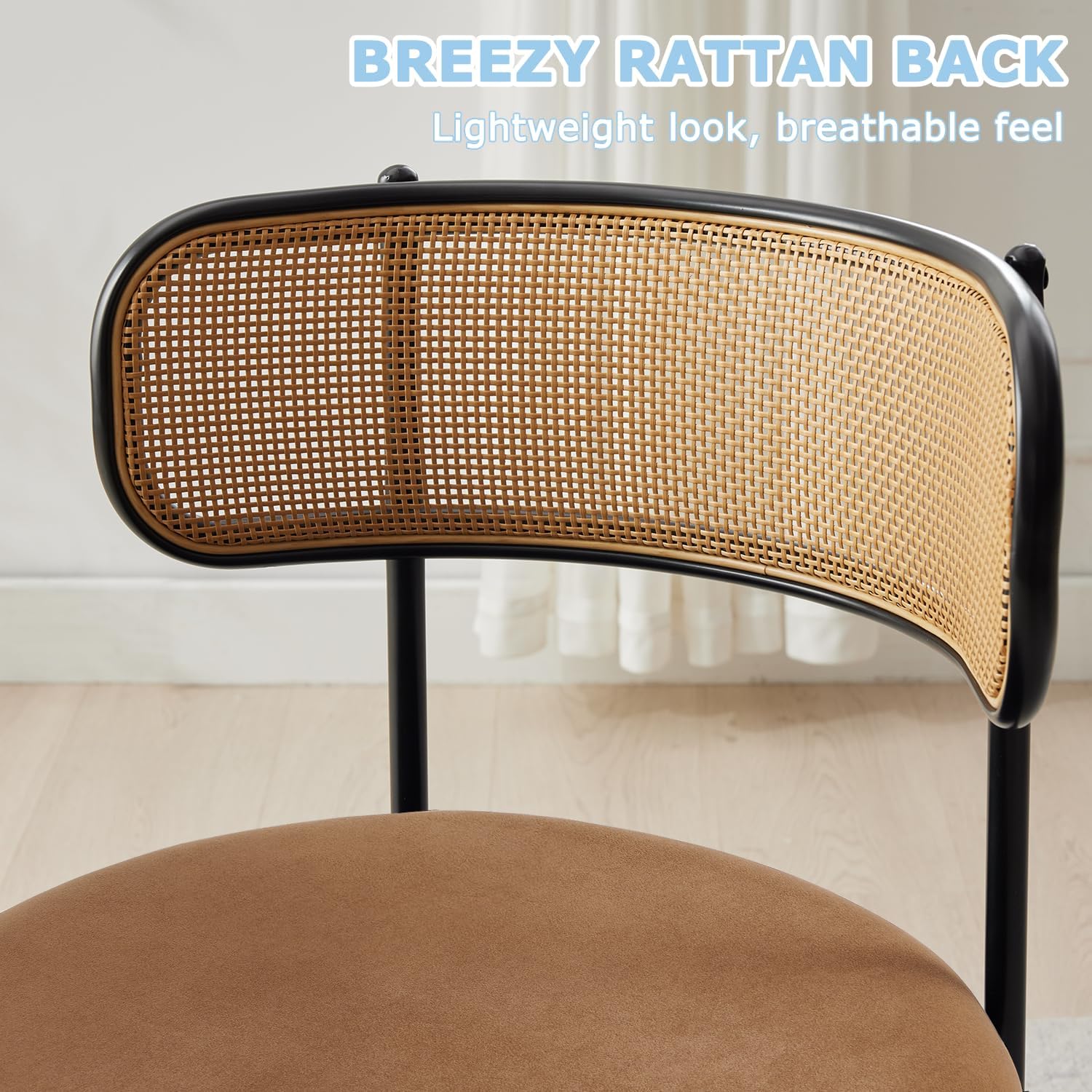 Rattan Dining Chairs Set of 2, Mid Century Modern Dining Chairs with Cane Back and Boucle Upholstered Seat, Farmhouse Kitchen Chairs for Dining Room and Living Room, Brown