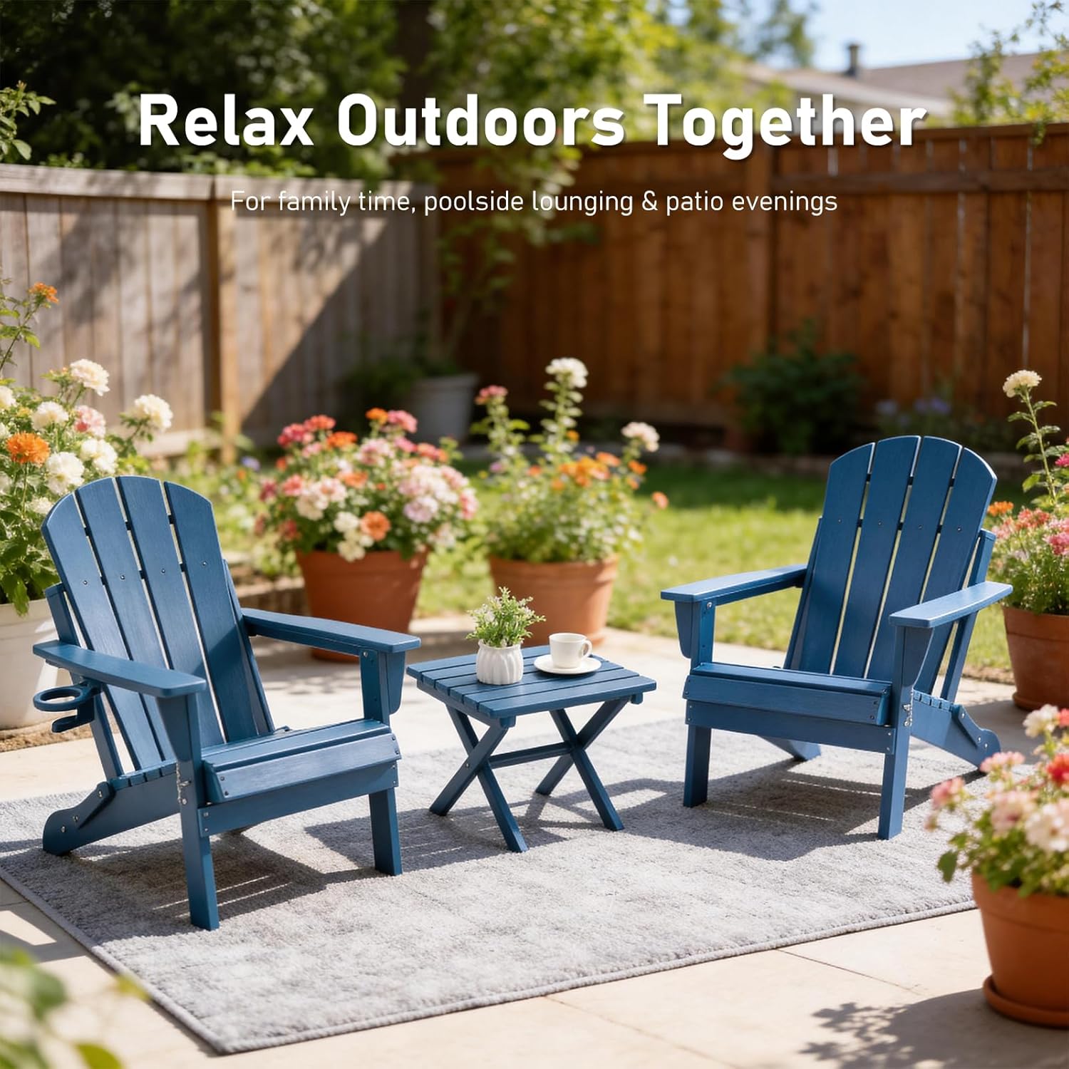 Furnimart Folding Adirondack Chairs Set of 2, Outdoor HDPE Patio Chairs - Wood Look with Cup Holders, Plastic Chairs Weather-Resistant for Outside Garden Balcony Lawn, Blue 2pcs
