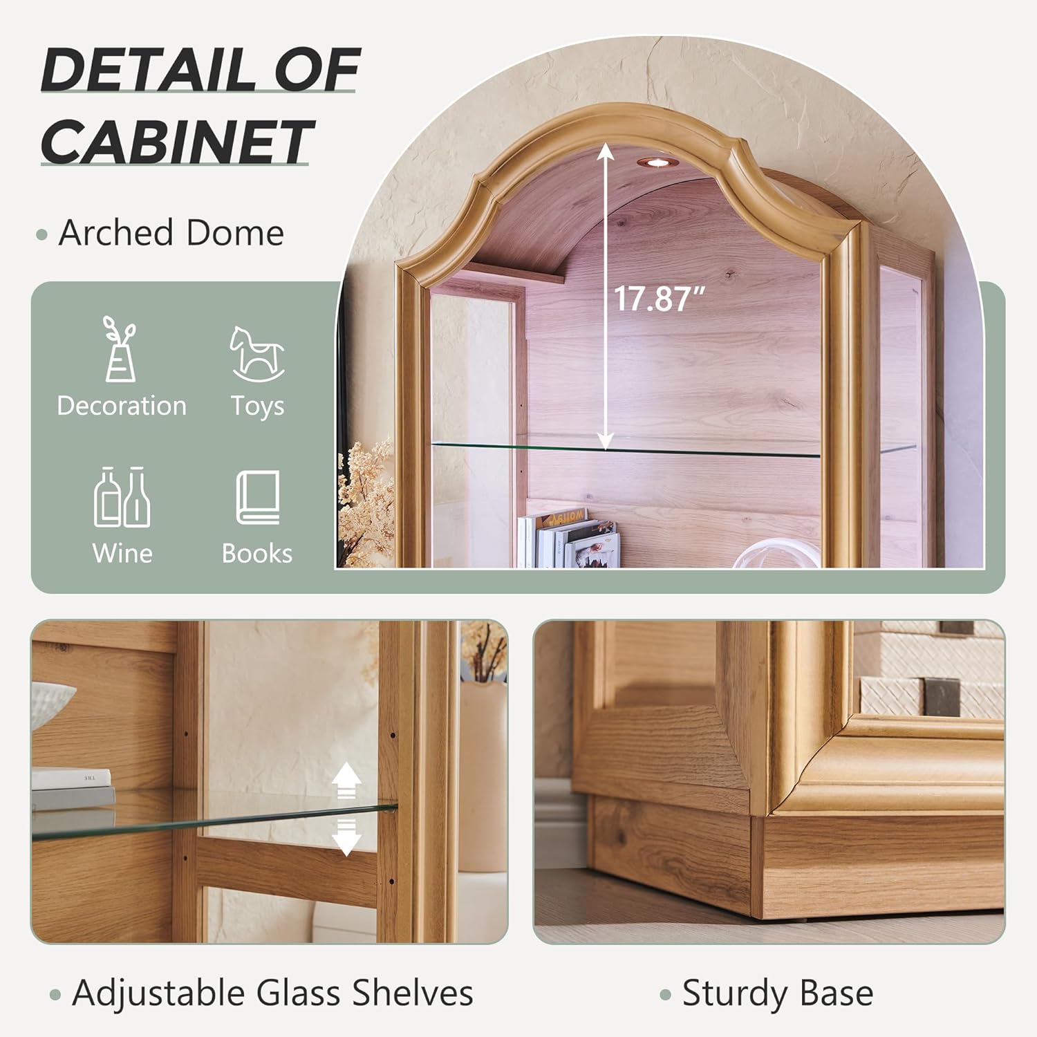 IFGET 72" Arched Glass Display Cabinet, Modern Curio Cabinet with 20 Color Lights, 4-Tier Display Case Shelf with Brightness/Speed Adjustable for Living Room, Dining Room, Study Room-Natural