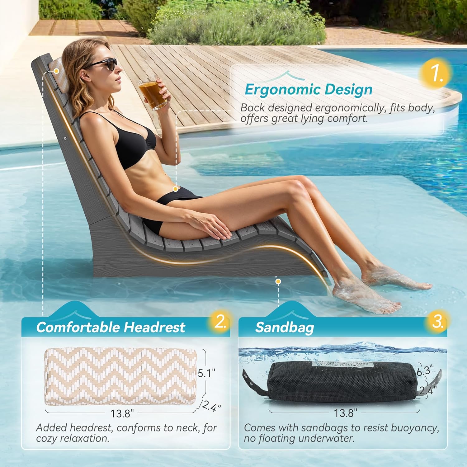 HDPS Pool Lounge Chairs Set of 2, Use in Pools Lounge Chairs up to 10-Inches of Water, Chaise Chairs with Headrest, Lounge Chair Outdoor, Fade-Resistant Pool Lounger for Deck
