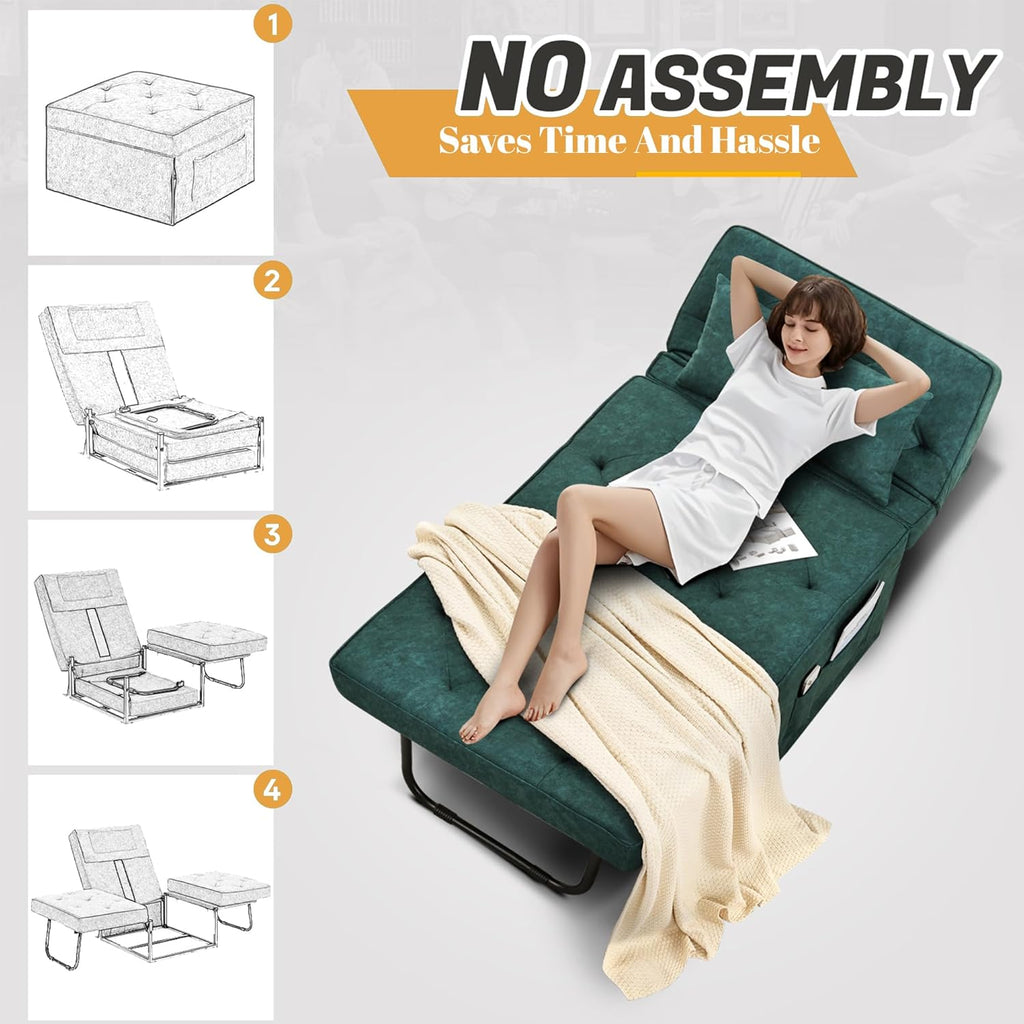 4-in-1 Multi-Functional Convertible Sofa Bed, Foldable Ottoman Sleeper Chaise with Adjustable Backrest, Modern Linen Convertible Futon Sofa Couch for Living Room (Green-28.7''D)