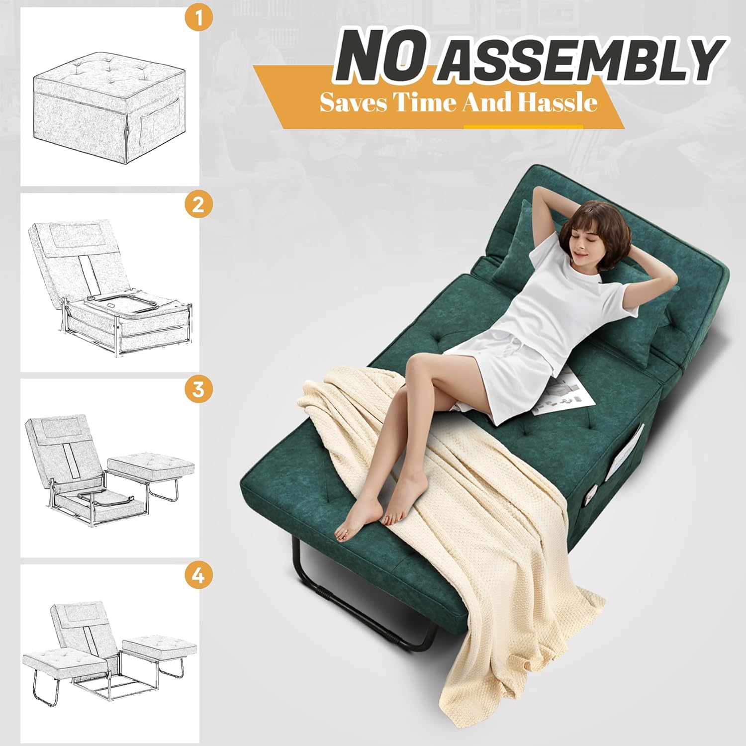 4-in-1 Multi-Functional Convertible Sofa Bed, Foldable Ottoman Sleeper Chaise with Adjustable Backrest, Modern Linen Convertible Futon Sofa Couch for Living Room (Green-28.7''D)