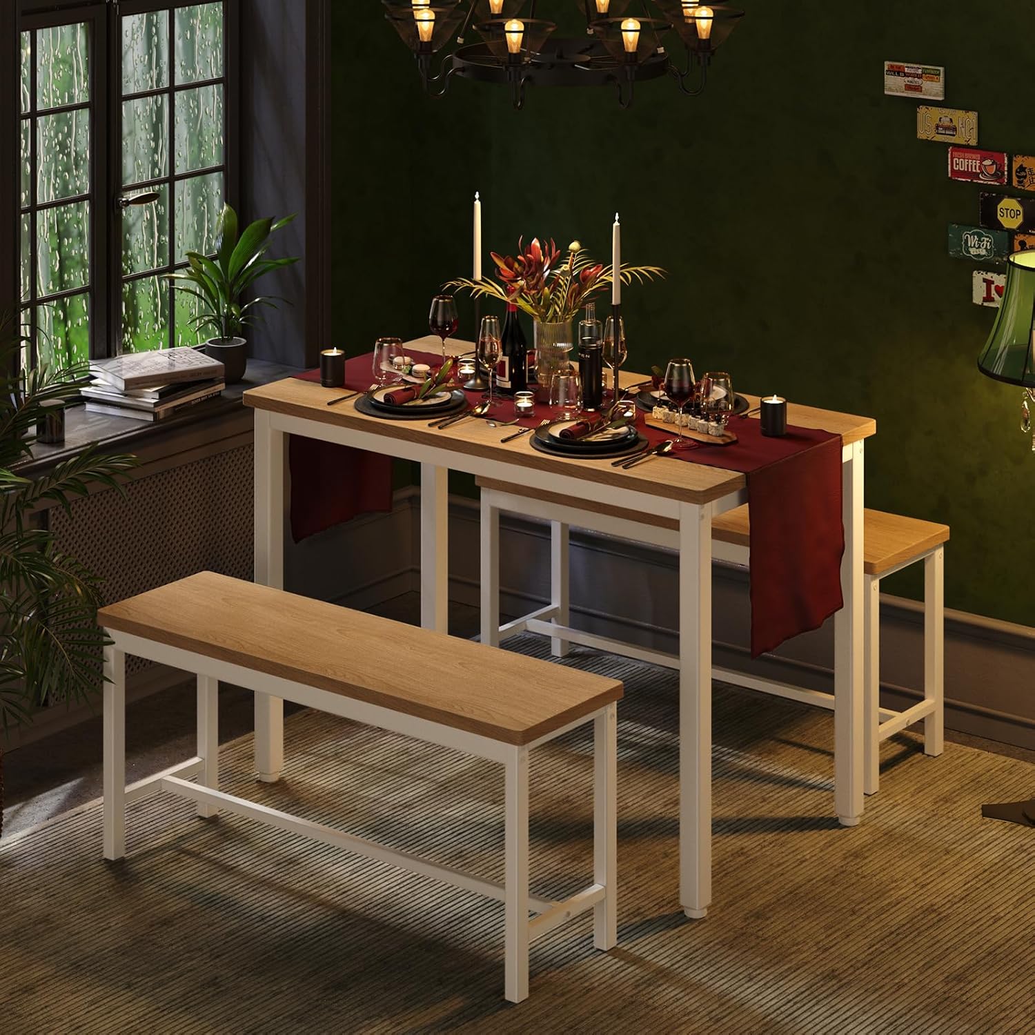 Tatub Dining Table Set for 4, 3-Piece Kitchen Table with 2 Benches, Space-Saving Dining Room Table Set for Breakfast Nook and Small Spaces, Original