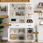 BOTLOG 67" Kitchen Pantry Cabinet, Modern Kitchen Hutch with 5 Doors and 2 Drawers, 3-Tier External Shelf, Large Pantry Storage Cabinet with Microwave Stand for Dining Room (White)