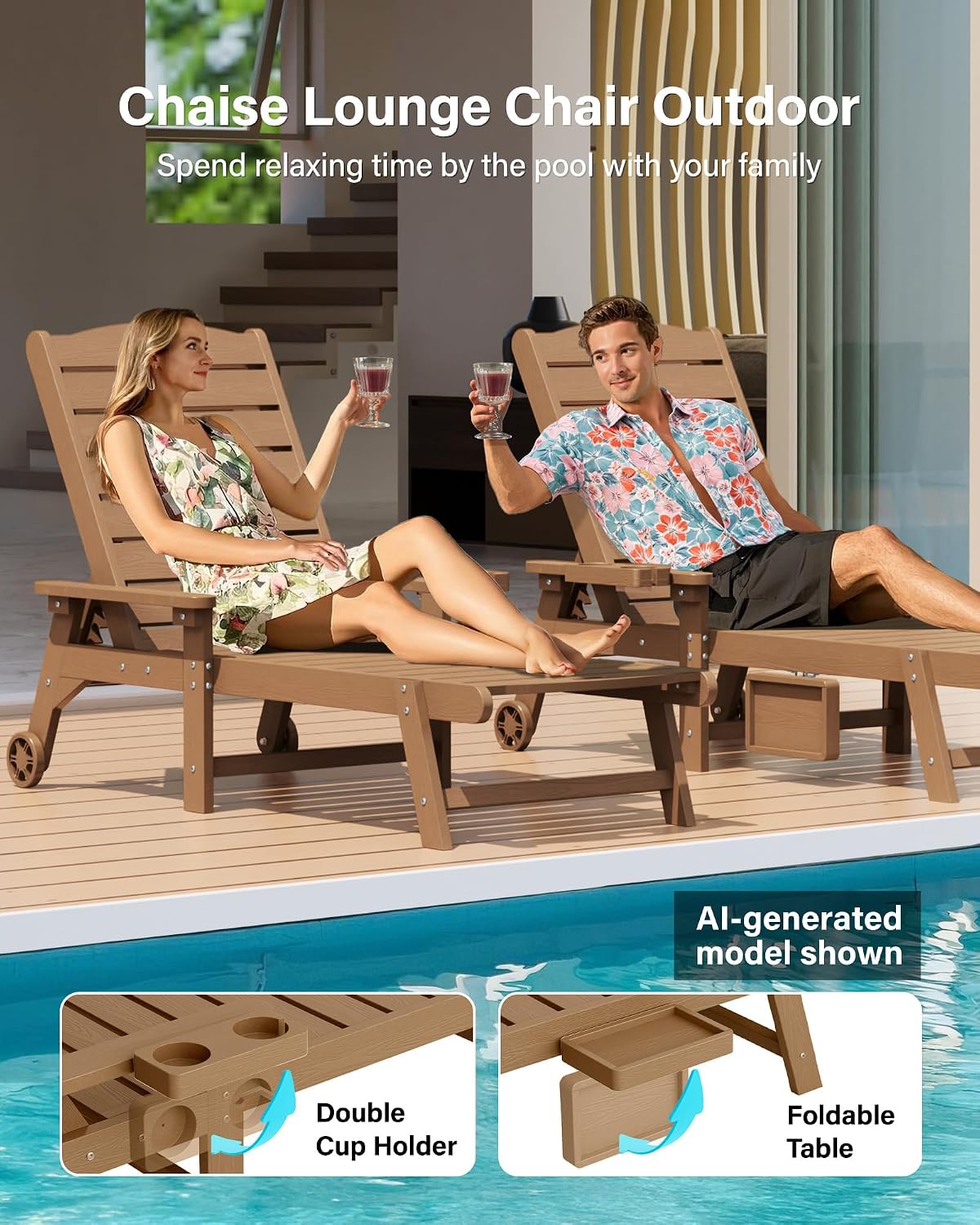 YEFU Chaise Lounge Chairs Set of 2 Outdoor,Pool Lounge Chair with Adjustable Backrest,All Weather Patio Lounge Chair with Cup Holder&Armrest,for Outside,Beach,Deck,Heavy Duty,400lbs Capacity(Teak)