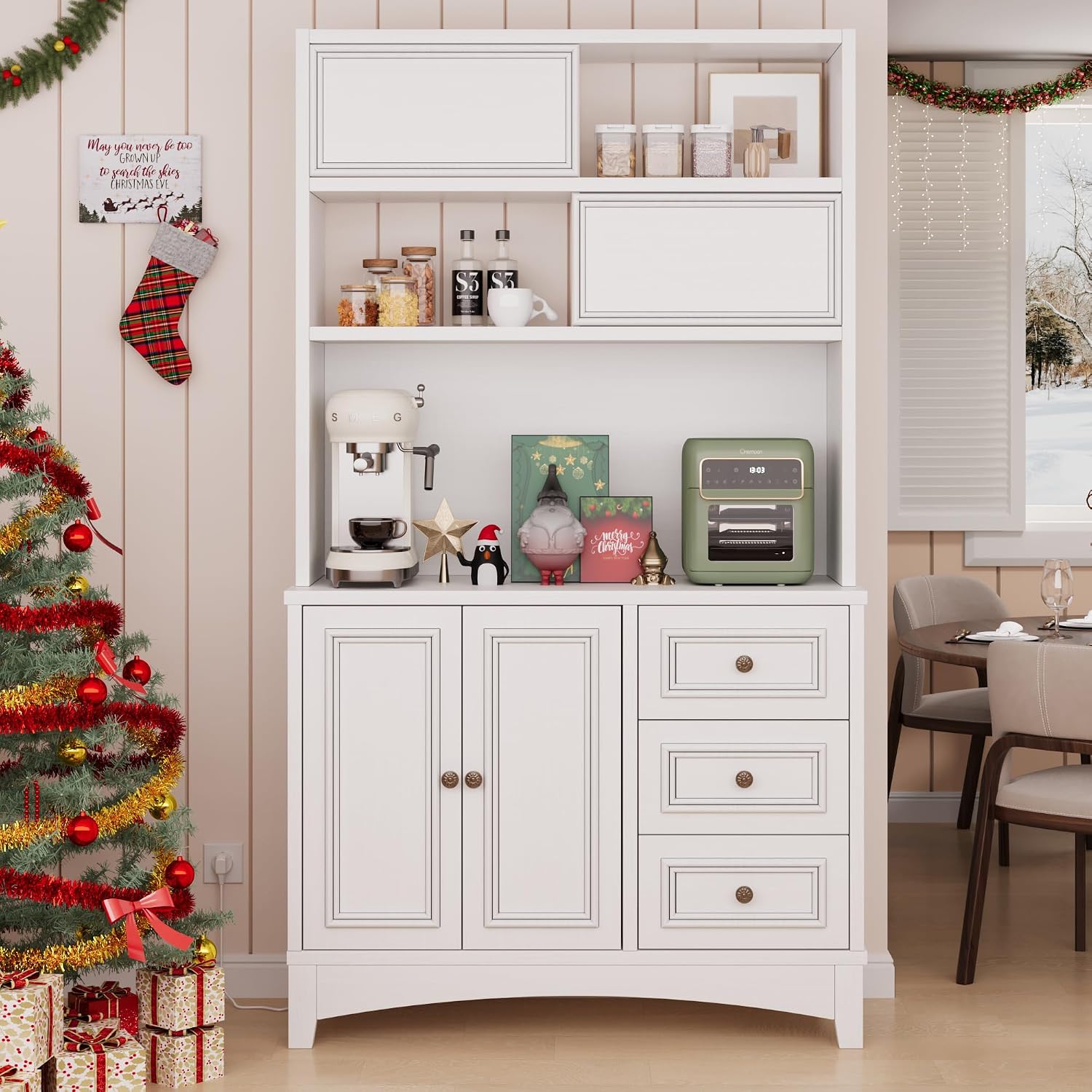 BOSHIRO 71" Farmhouse White Pantry Cabinet with Charging Station, 4-Type Storage & Anti-Tip Design, Kitchen Cabinet with Adjustable Shelves