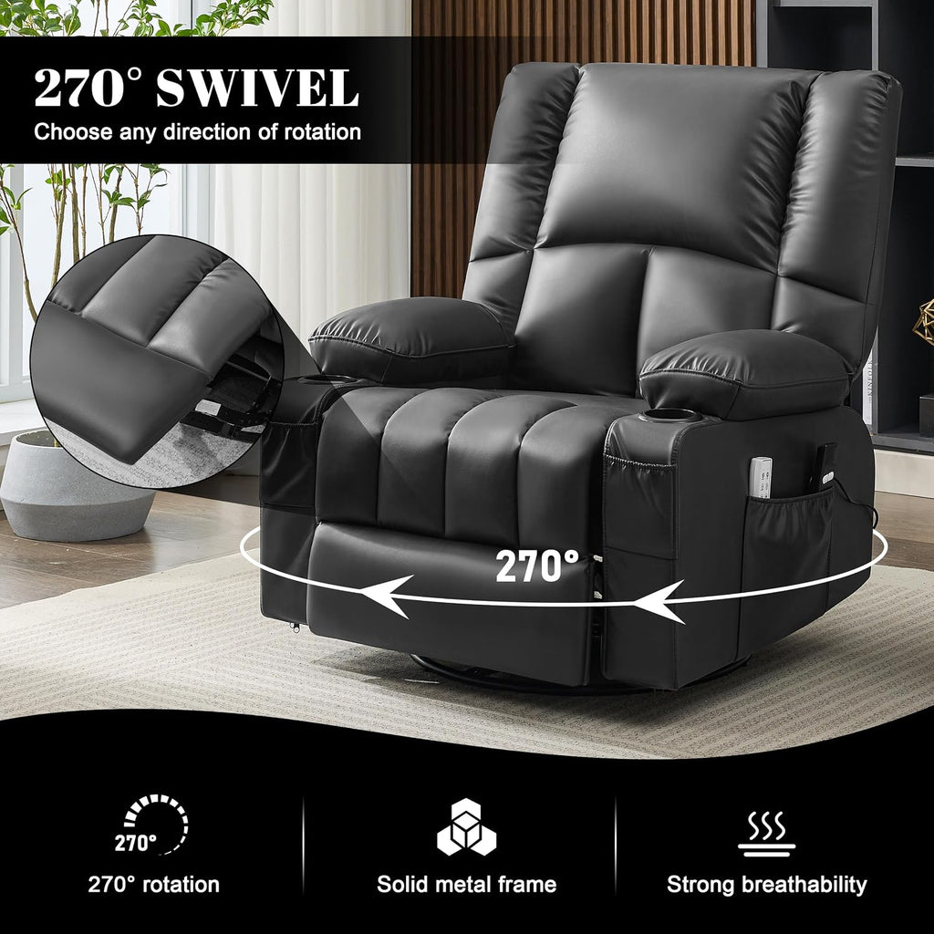 Oversized Recliner Chairs for Adults, 270° Swivel Rocker Recliner with Heat and Massage Lazy Boy Recliner, Recliner Chairs Single Sofa Seat with Cup Holders (Black, Electric)