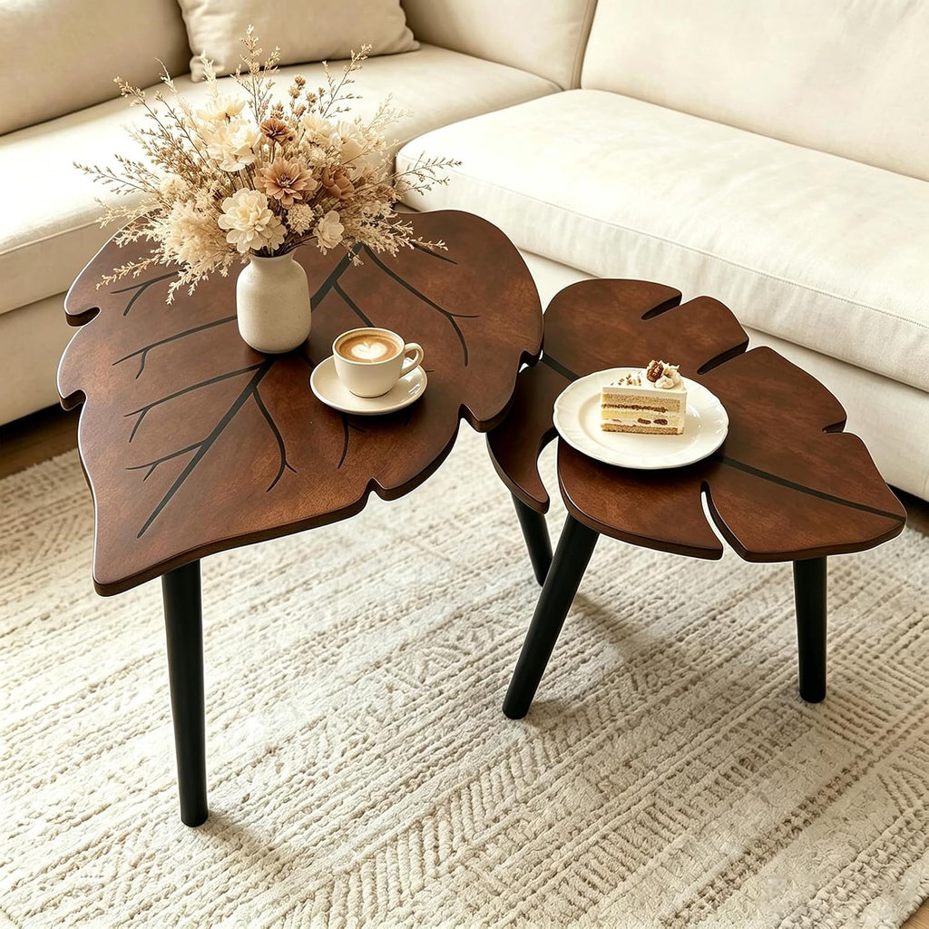 Nesting Coffee Table Set of 2, Monstera Leaf Wooden Side Tableble | Stacking Minimalist End Table for for Living Room Bedroom Apartment Balcony Yard Small Space, Sturdy and Easy Assembly, Brown