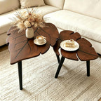 Nesting Coffee Table Set of 2, Monstera Leaf Wooden Side Tableble | Stacking Minimalist End Table for for Living Room Bedroom Apartment Balcony Yard Small Space, Sturdy and Easy Assembly, Brown
