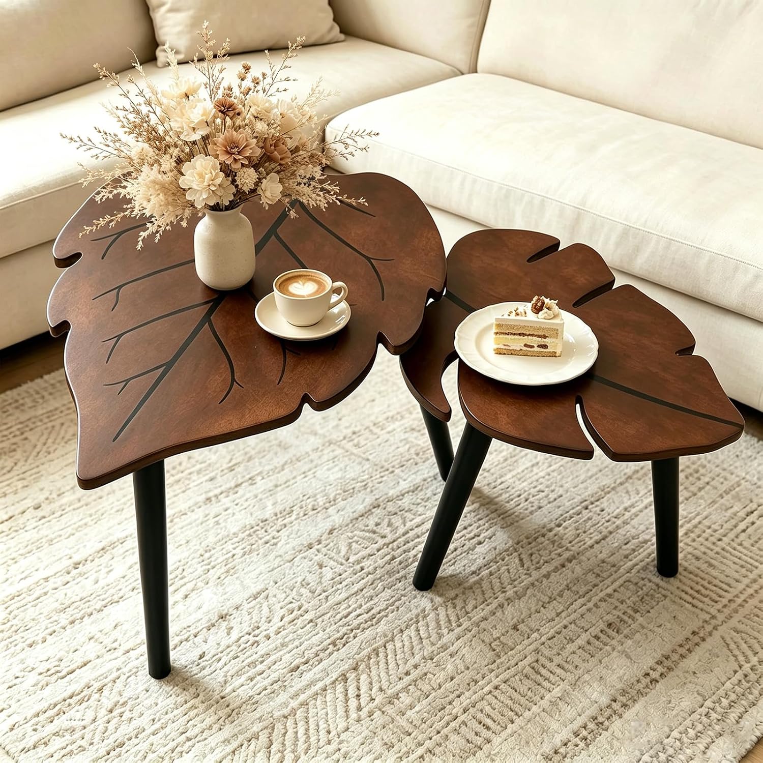 Nesting Coffee Table Set of 2, Monstera Leaf Wooden Side Tableble | Stacking Minimalist End Table for for Living Room Bedroom Apartment Balcony Yard Small Space, Sturdy and Easy Assembly, Brown