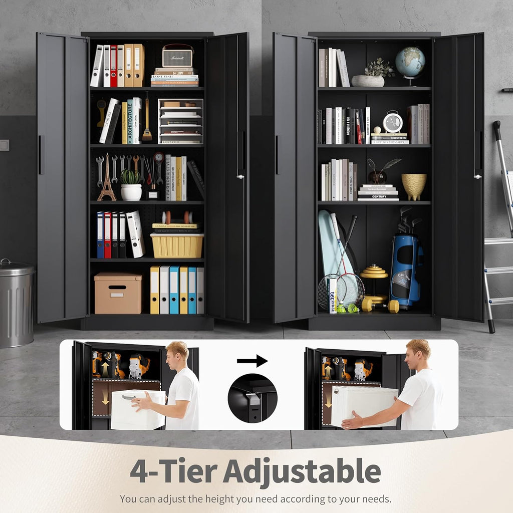 Metal Storage Cabinet with 2 Doors and 4 Shelves, 72" H Metal Cabinet with Lock, Steel Locking File Cabinet, Lockable Storage Cabinet, Tool Cabinet for Home, Office,Garage, School, Black