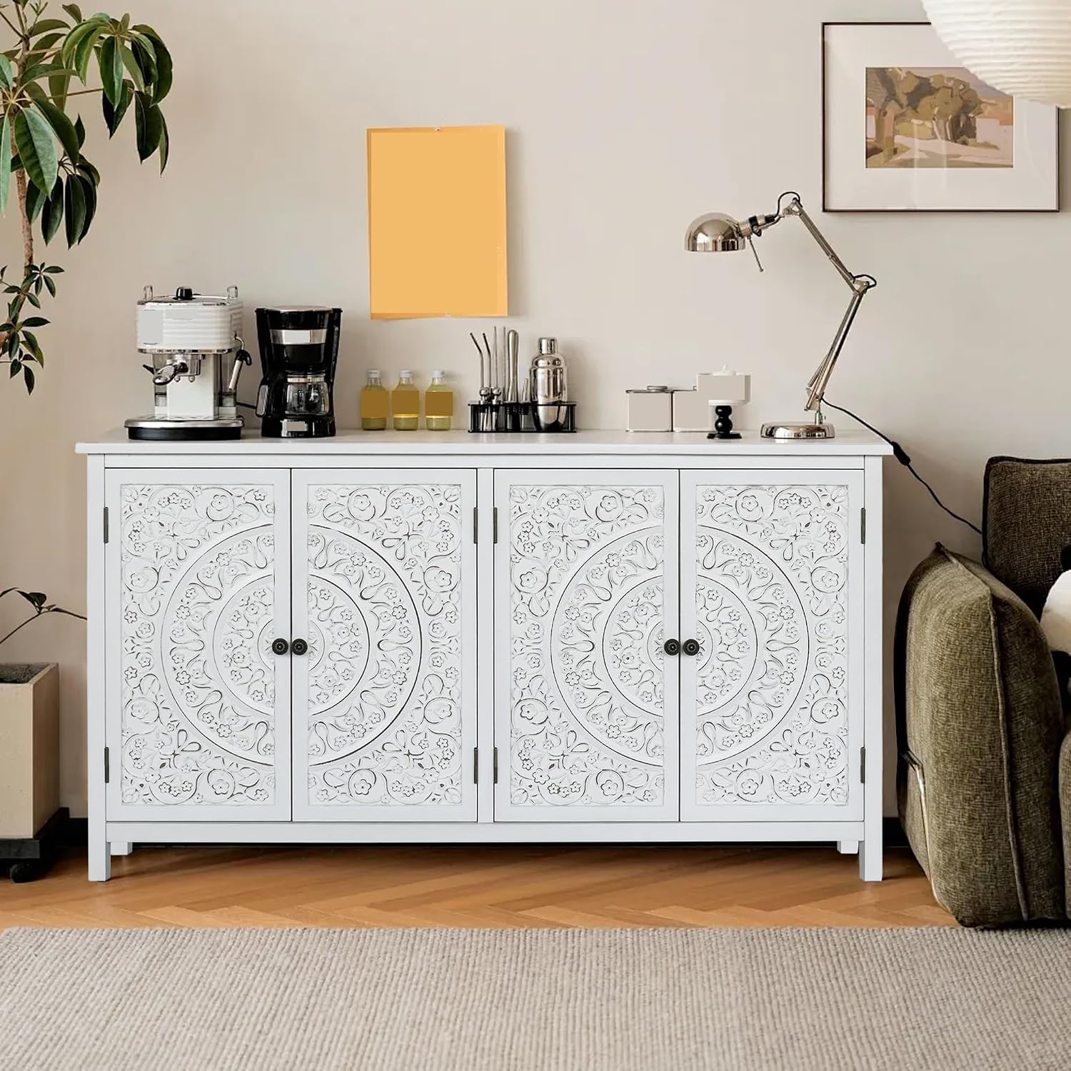 Mid-Century Accent Cabinet with 4 Doors, Rustic Sideboard Pantry Cabinet, for Home Decor,for Kitchen Home