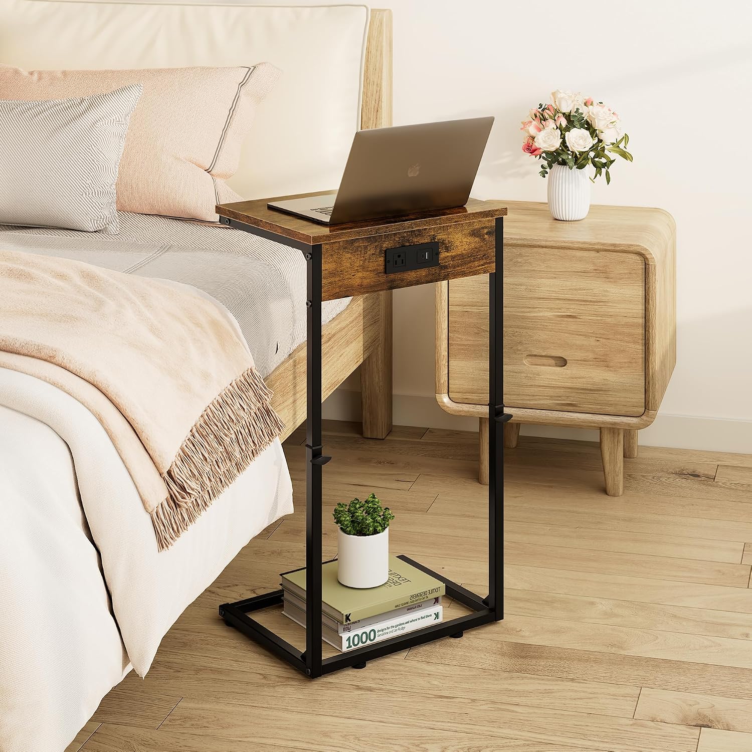 Vagusicc C Shaped End Table with Charging Station, Adjustable Height Side Table for Couch, Small Side Table, 33.2'' Tall Couch Tables that Slide Under, Tv Tray End Table for Living Room, Rustic Brown