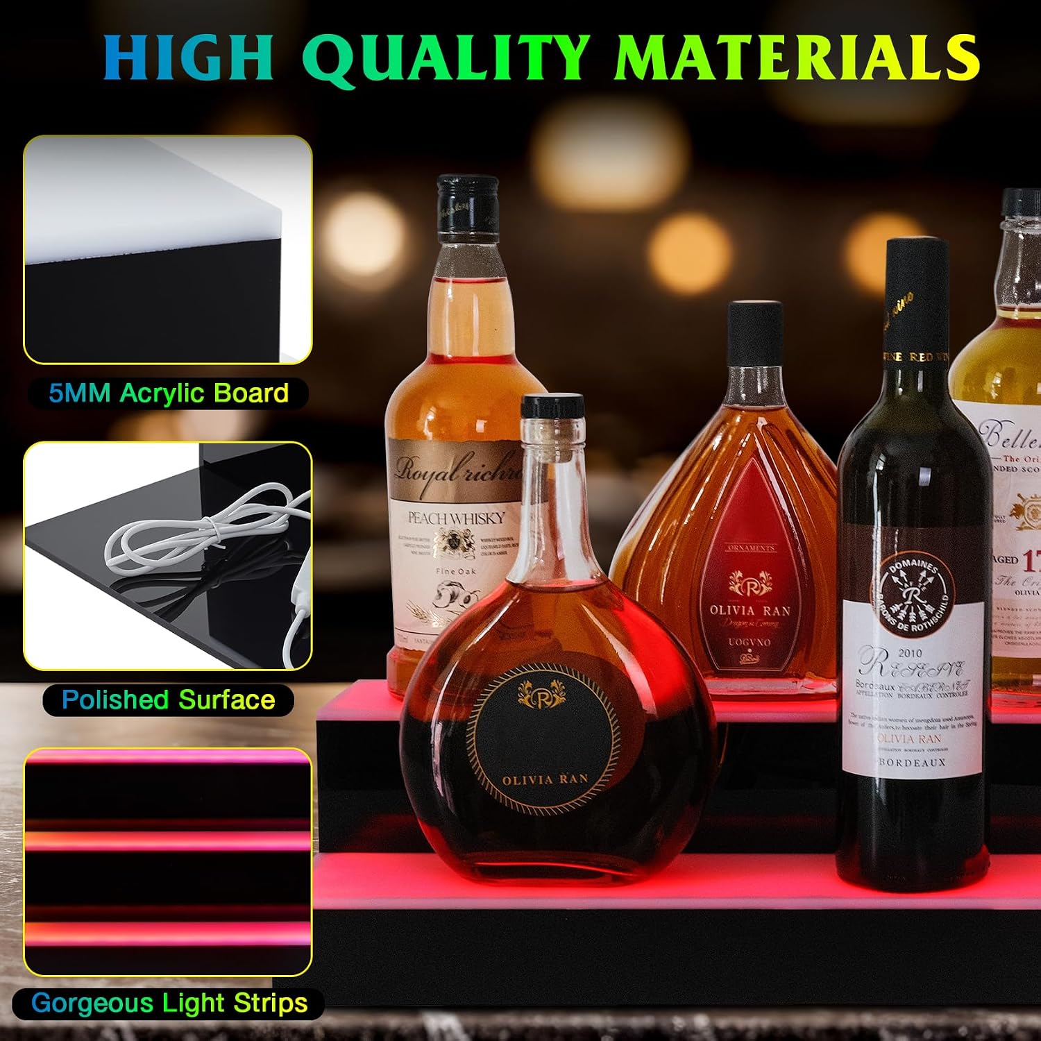 LED Lighted Liquor Bottle Display Shelf, 2 Tiers 30 Inch Bar Bottle Display Shelf with Remote and App Control for Home Bar Party Whiskey Wine Coffee Syrup Water Bottles Display
