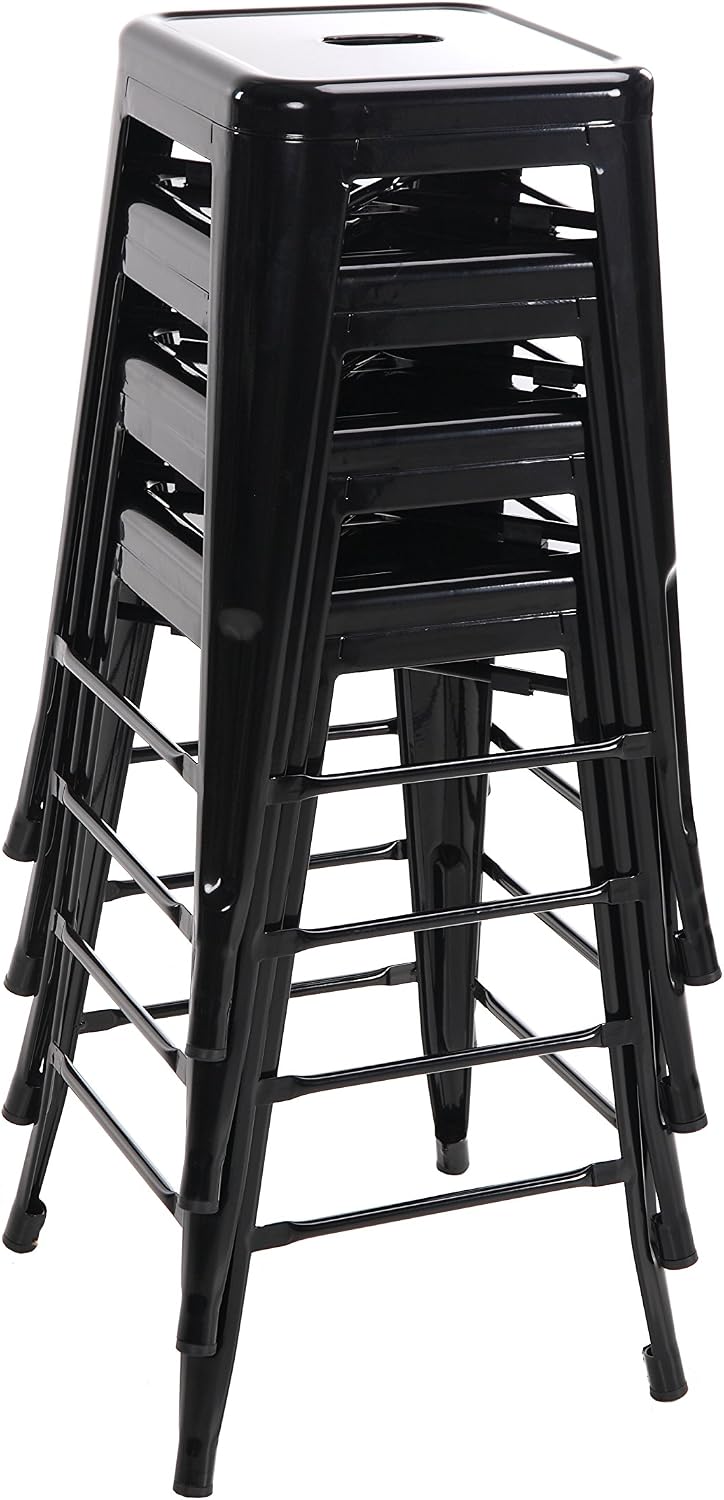 Buschman Metal Bar Stools 24" Counter Height, Indoor/Outdoor and Stackable, Set of 4 (Black)