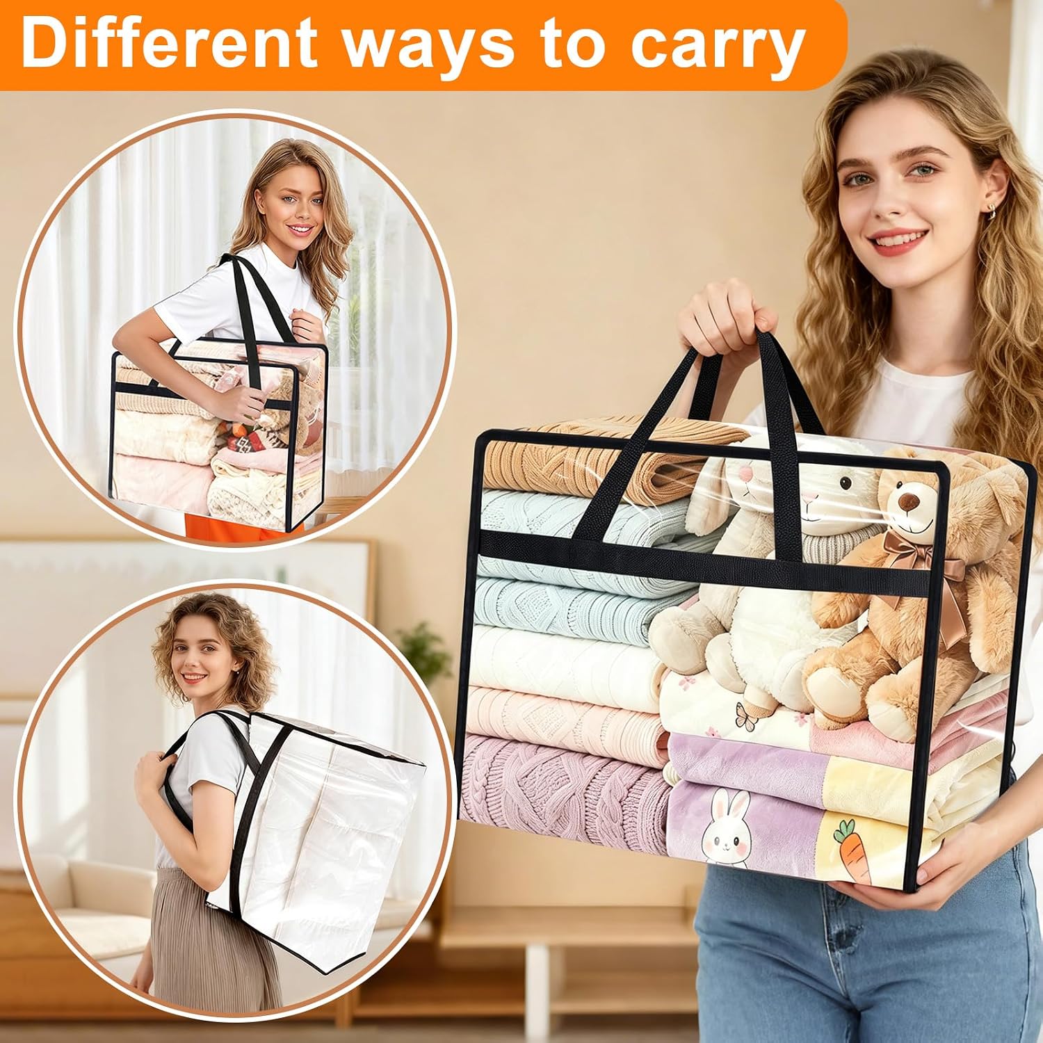 4 Pack Clear Clothes Storage Bags, Vinyl Blanket Storage Containers with Heavy Duty Zipper, Foldable Moving Bags, Closet Organizers for Bedding, Clothing, Comforters, Linens, Duvet (40L)