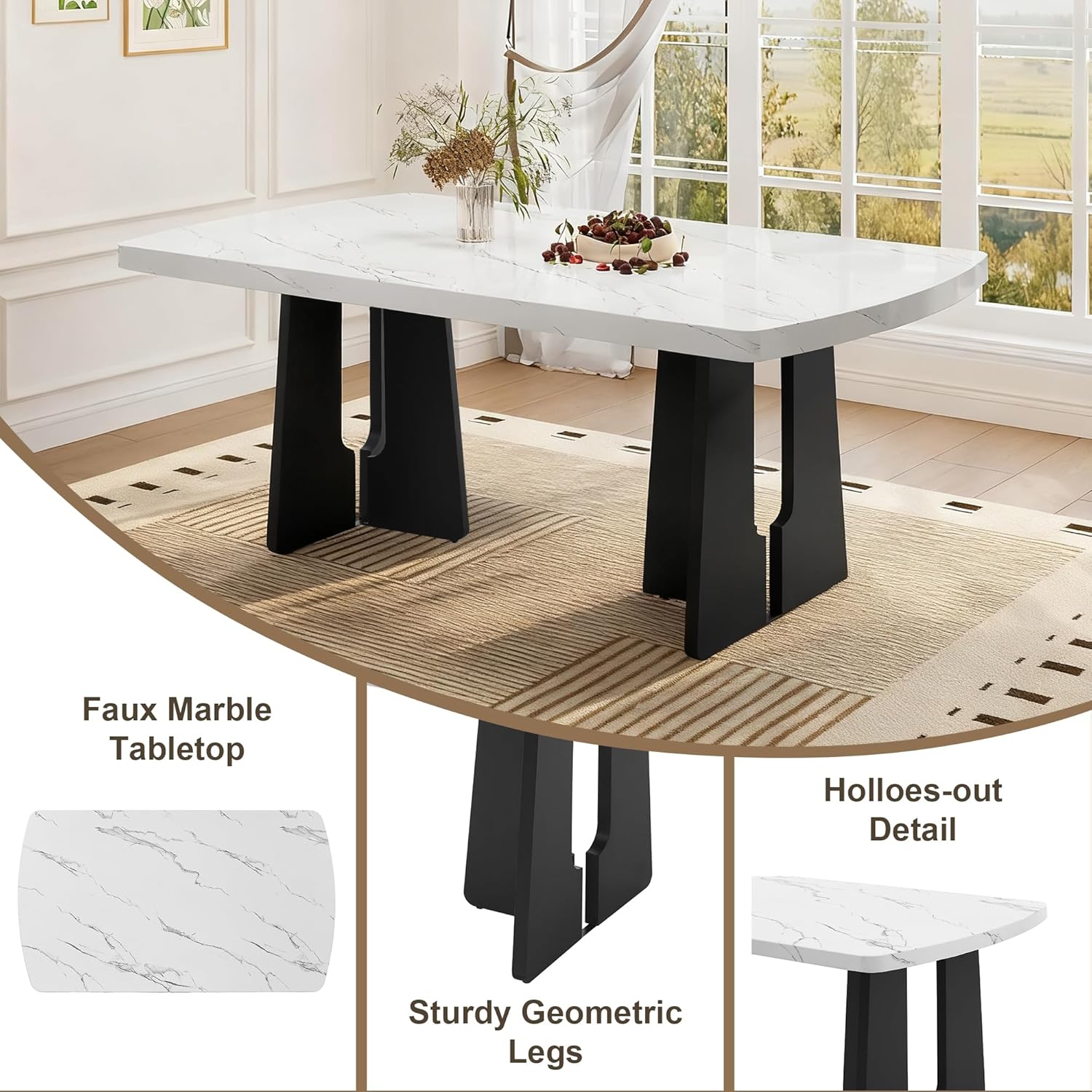 P PURLOVE Modern 6 Piece Dining Table Set, 63" Wood Faux Marble Dining Table with Geometric Legs, 4 Upholstered Chairs, 1 Bench for Dining Kitchen Room (White and Gray)