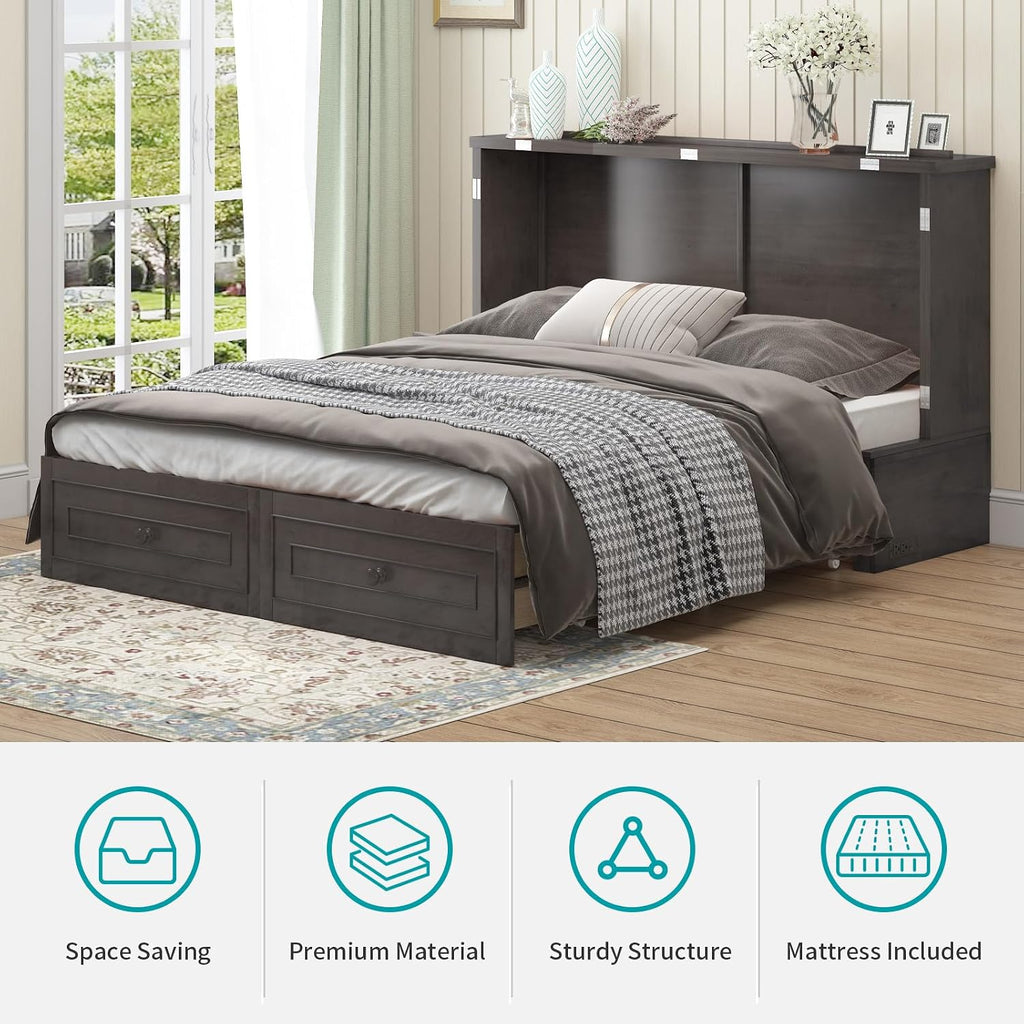 BALUS Queen Murphy Bed, Murphy Cabinet Bed with Tri-Fold Mattress & Storage Drawer, Guest Beds Space Saving Adult Cabinet Murphy Beds with USB Charging Ports for Guest Room Bedroom, Grey
