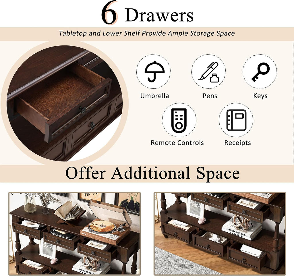 Knocbel Console Table with 6 Storage Drawers and Bottom Shelf, Vintage Sofa Table with Solid Wood Frame and Legs for Entryway Living Room, 54" W x 13.5" D x 32" H, Espresso