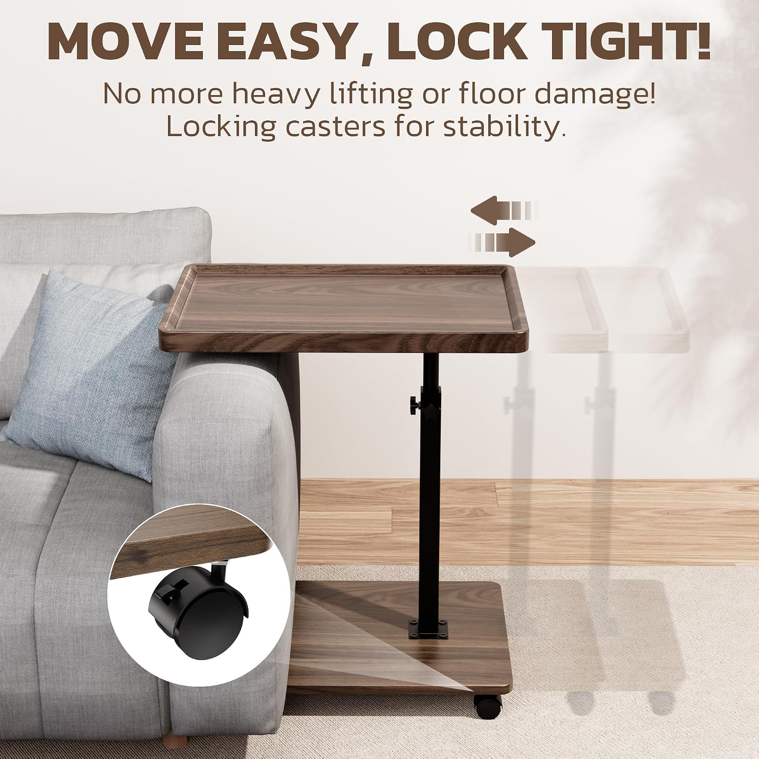 Large C-Shaped End Table, Swivel TV Tray, Couch Side Table Wood | Adjustable Height 360° Swivel, Slide Under Sofa, Multi-Use Couch/Bed/Overbed Table, Small TV Dinner Tray For Couch Dining