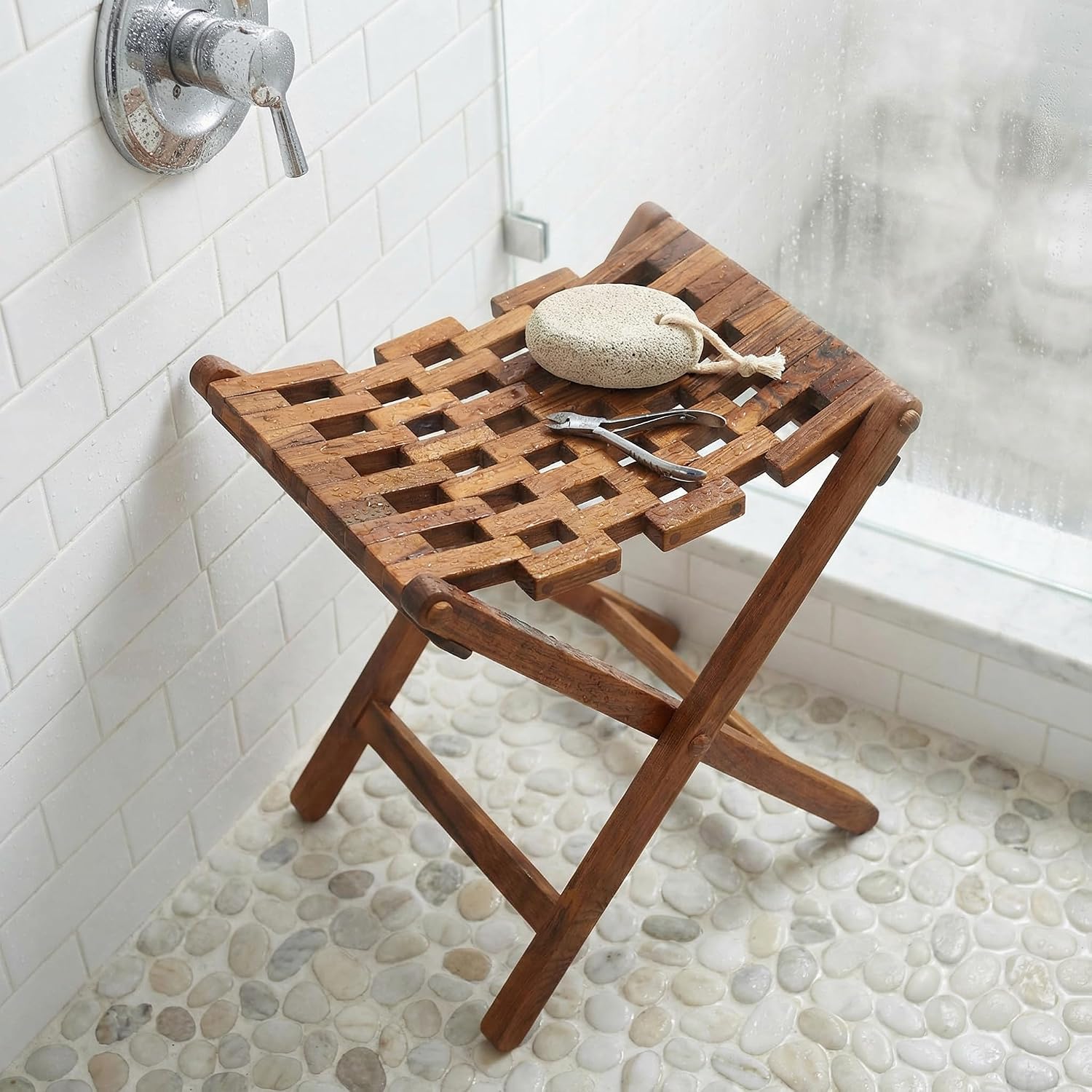 Bare Decor Mosaic Folding Stool in Solid Teak Wood, Brown