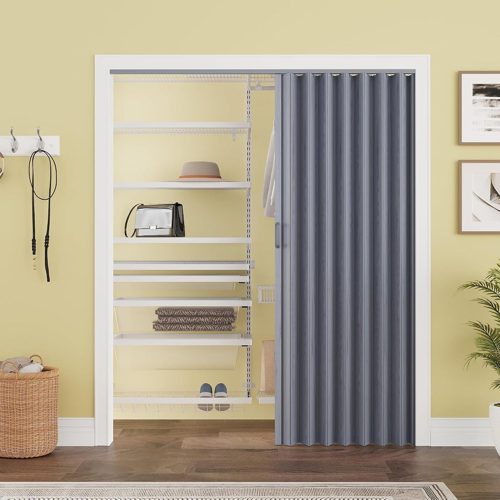 60" x 80" PVC Accordion Door Interior, Suitable for Opening Width 49"-60", Trimmable Height & Width, Room Dividers for Pantry Laundry Closet RV, Strong Magnet Folding Doors, Easy to Install, Grey