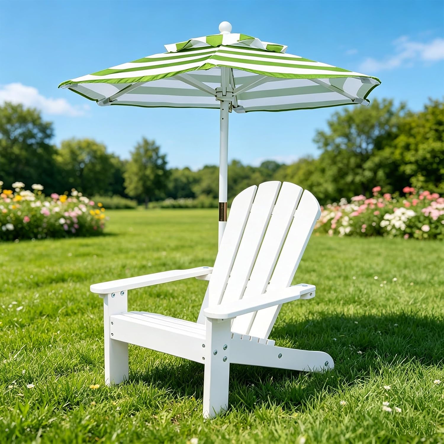 Kids Lounge Chair Outdoor, Toddler Wood Pool Lounger Chairs w/Canopy, Weather Resistant Outdoor Patio Lounge Chair for Beach, Backyard, Lawn(Green)