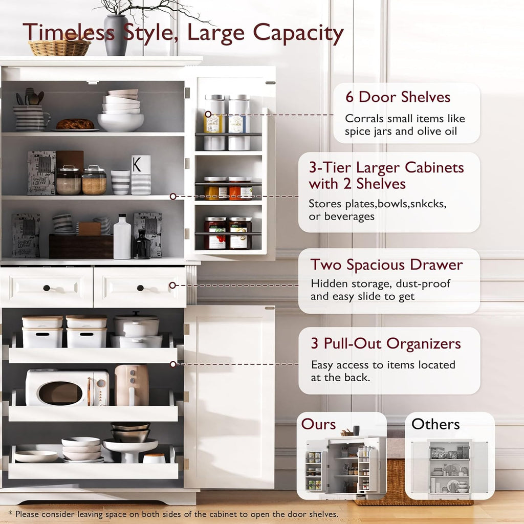 Merax 71" Tall Kitchen Pantry, Farmhouse Storage Cabinet with 6 Door Shelves, 2 Drawers and 3 Adjustable Shelves, Freestanding Rustic Wood Cupboard for Kitchen, Dining Room, White