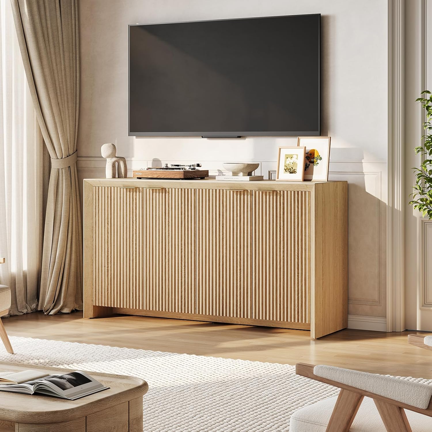 ONBRILL Fluted Sideboard Buffet Cabinet with Storage, Wooden Modern Fluted Sideboard with 4 Doors and 5 Adjustable Shelves, Coffee Bar Table for Dining Room, Hallway, Kitchen (Natural Oak)
