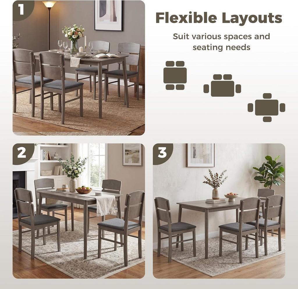 Giantex 5-Piece Dining Table Set for 4, Kitchen Table and Upholstered Chair Set w/Solid Rubber Wood Legs, High Curved Backrest, Space-Saving Farmhouse Dinette Set for Living Dining Room, Gray