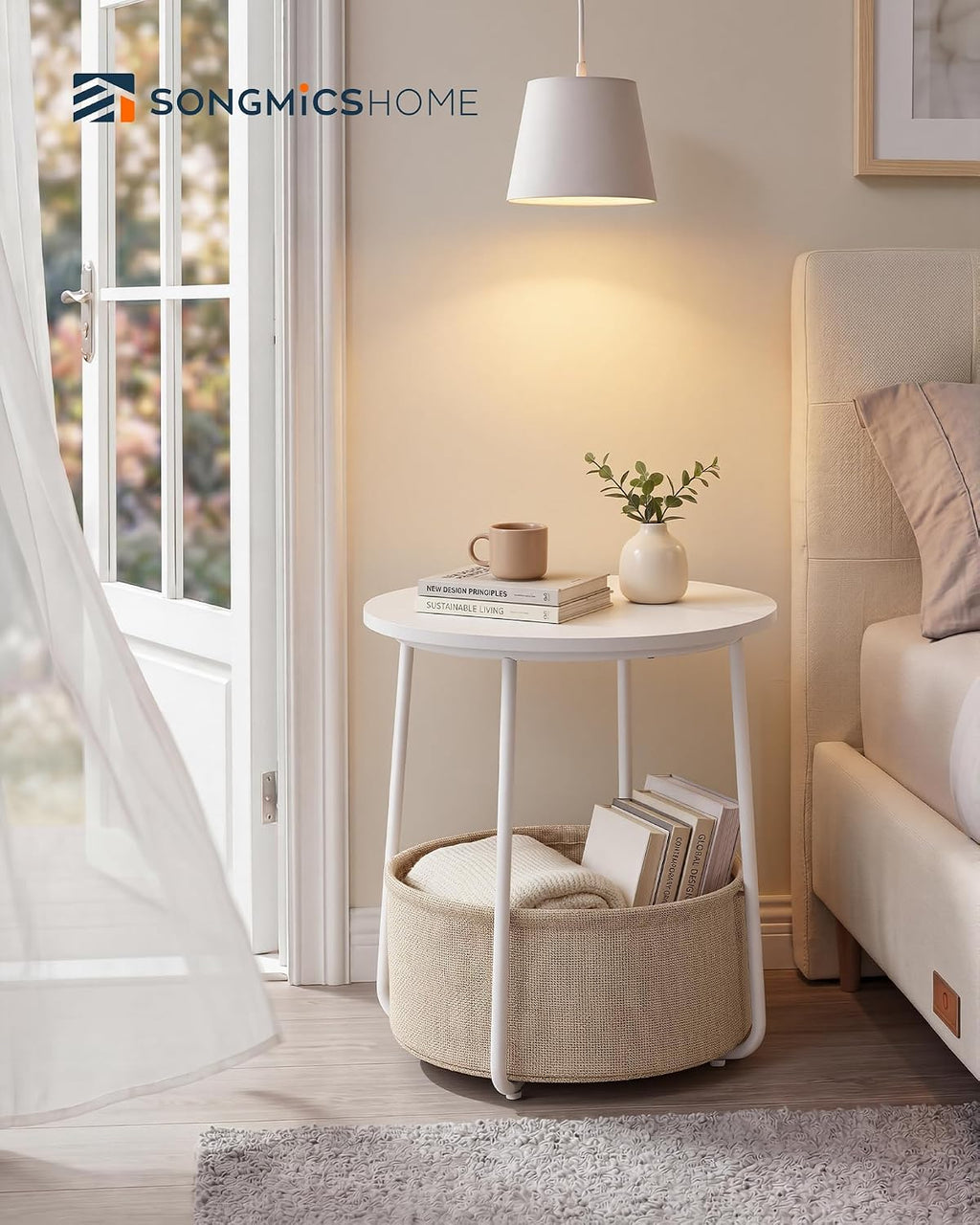 SONGMICS HOME Small Side Table, Round End Table, 2 Tier Nightstand with Basket, U Shaped Steel Legs, Easy Assembly, for Living Room, Bedroom, White and Brown