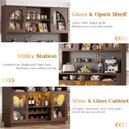 Kitchen Pantry Storage Cabinet, 71" Tall Kitchen Cabinets with Countertop & Shelves, Coffee Bar Cabinet with Charging Station/LED Light, Pantry Cabinets for Kitchen Storage,Walnut