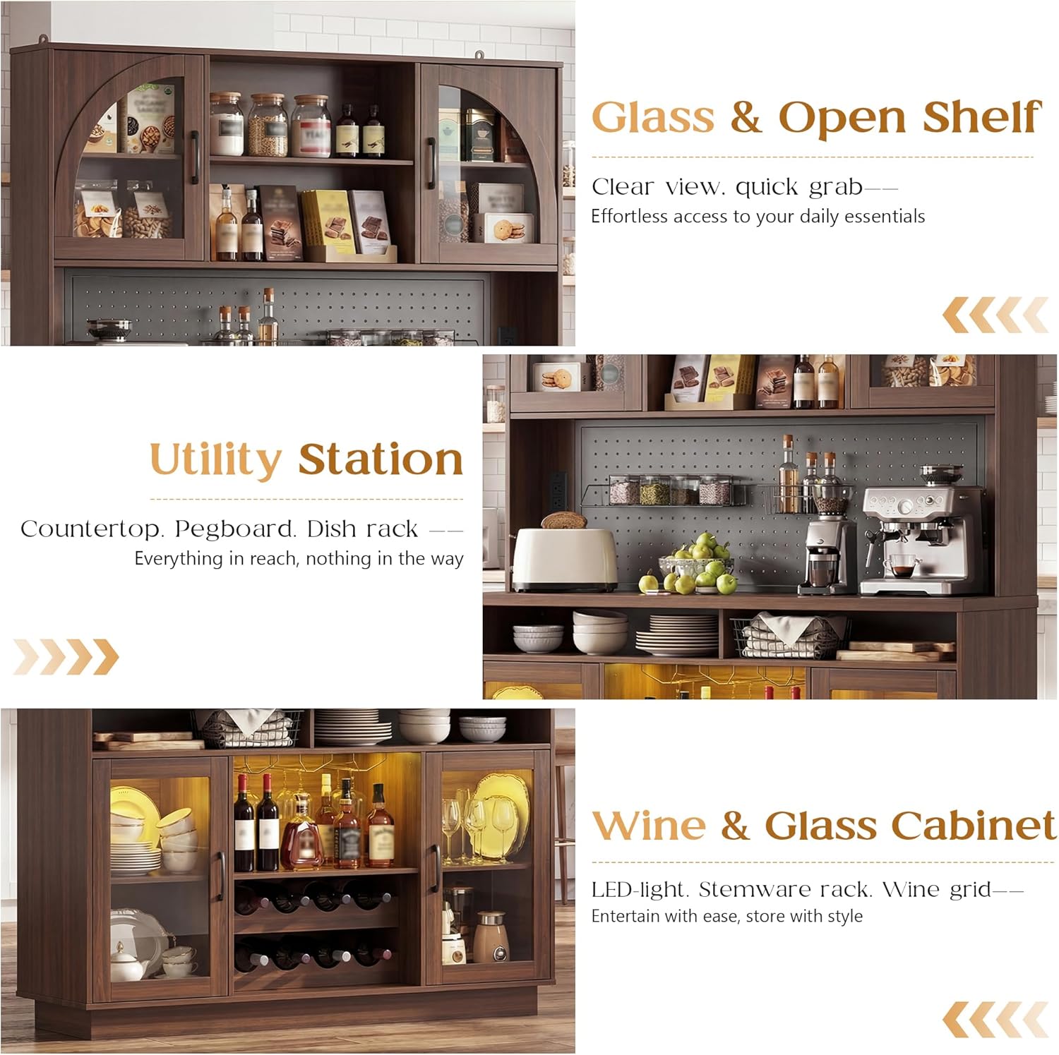 Kitchen Pantry Storage Cabinet, 71" Tall Kitchen Cabinets with Countertop & Shelves, Coffee Bar Cabinet with Charging Station/LED Light, Pantry Cabinets for Kitchen Storage,Walnut