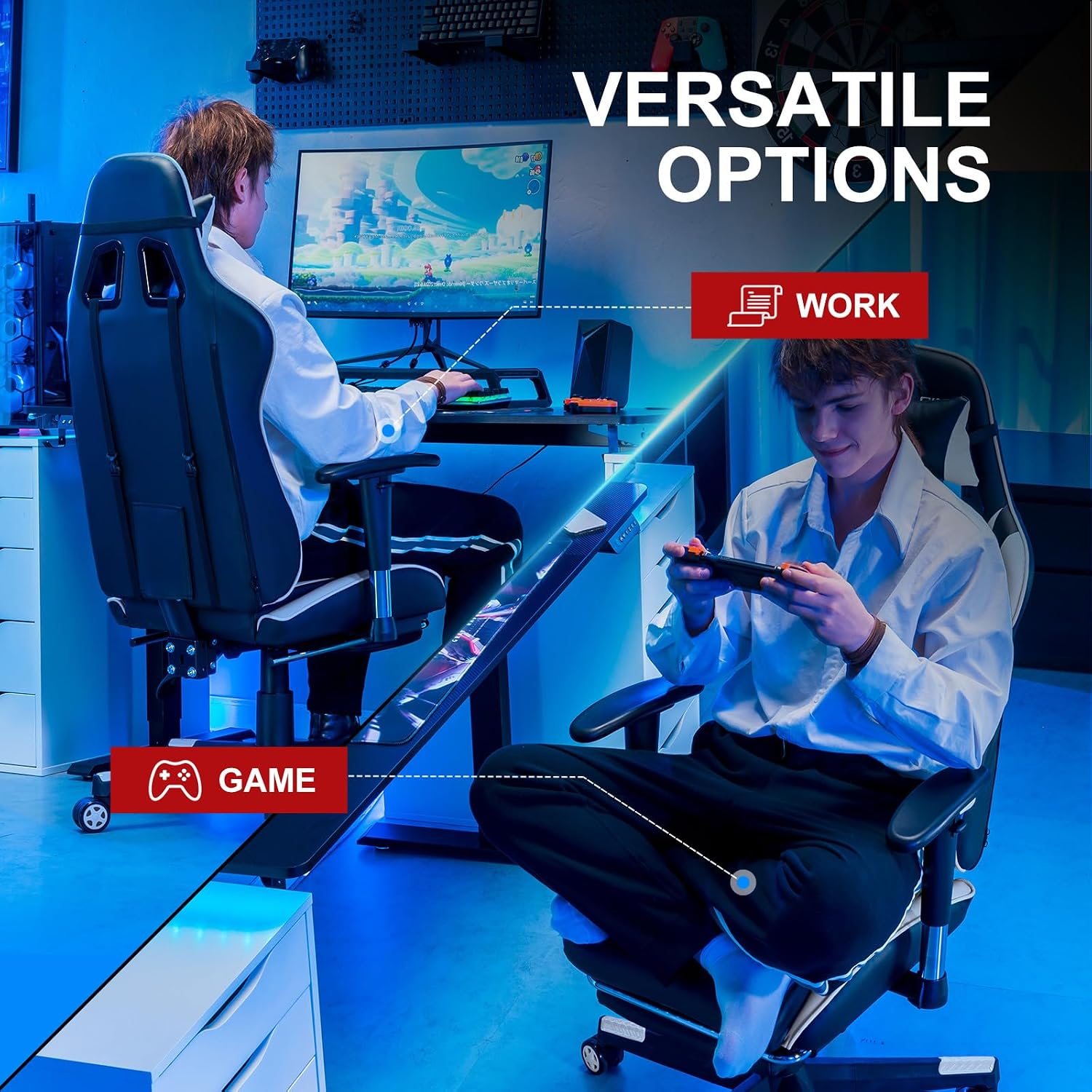 GTPLAYER Gaming Chair with Footrest, Ergonomic Computer Game Desk Chair, Recline Gaming Chair Seat Height Adjustment, Swivel Rocker with Headrest and Lumbar (White)