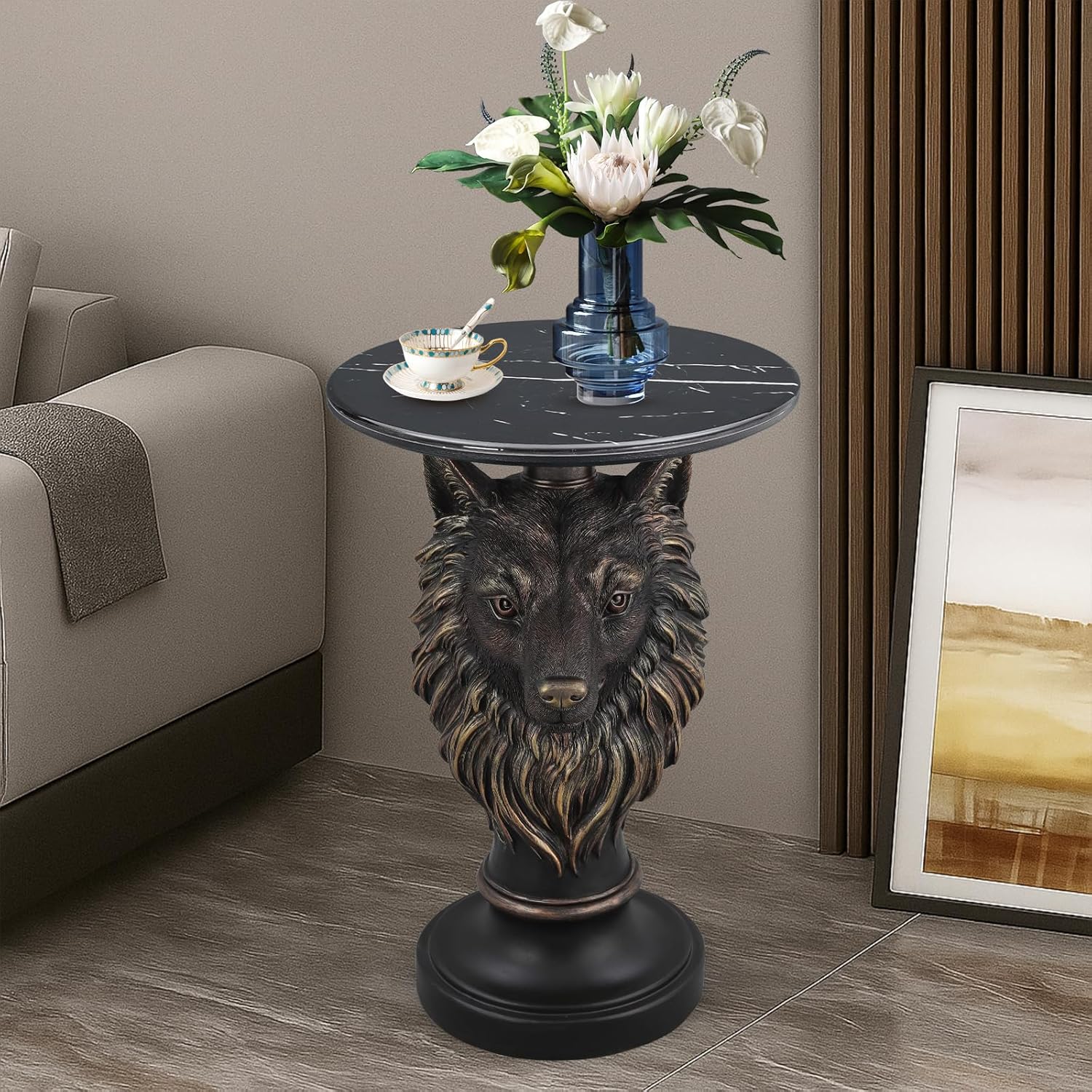 Wolf Head Side Table, Round End Table with 17.72" Black Faux Marble Top, Resin Wolf Statue Base, Unique Animal Accent Tables for Living Room Bedroom Home Decor